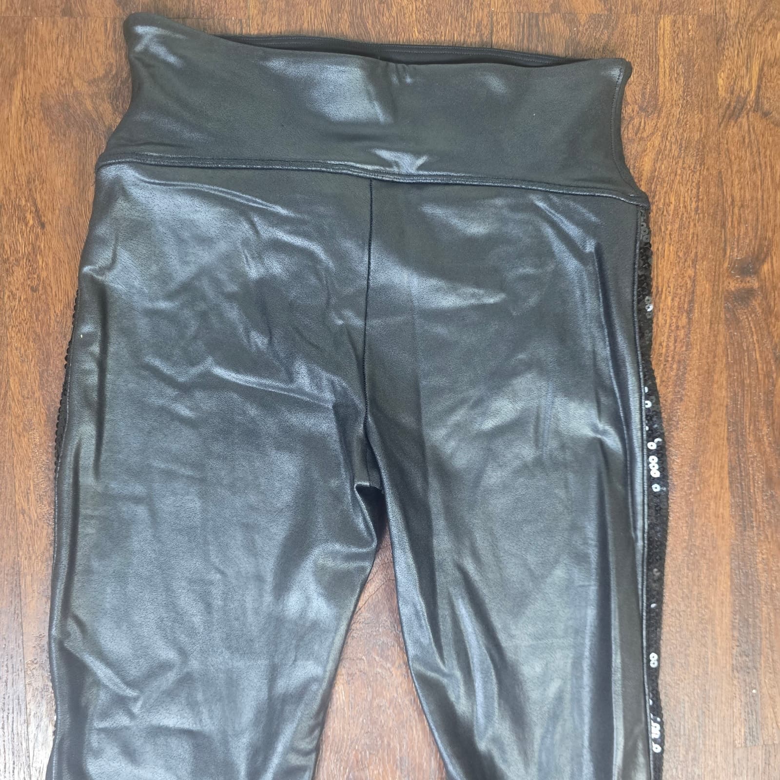 SPANX Sequined Faux Leather Leggings - Black - Small - Thumbnail 9