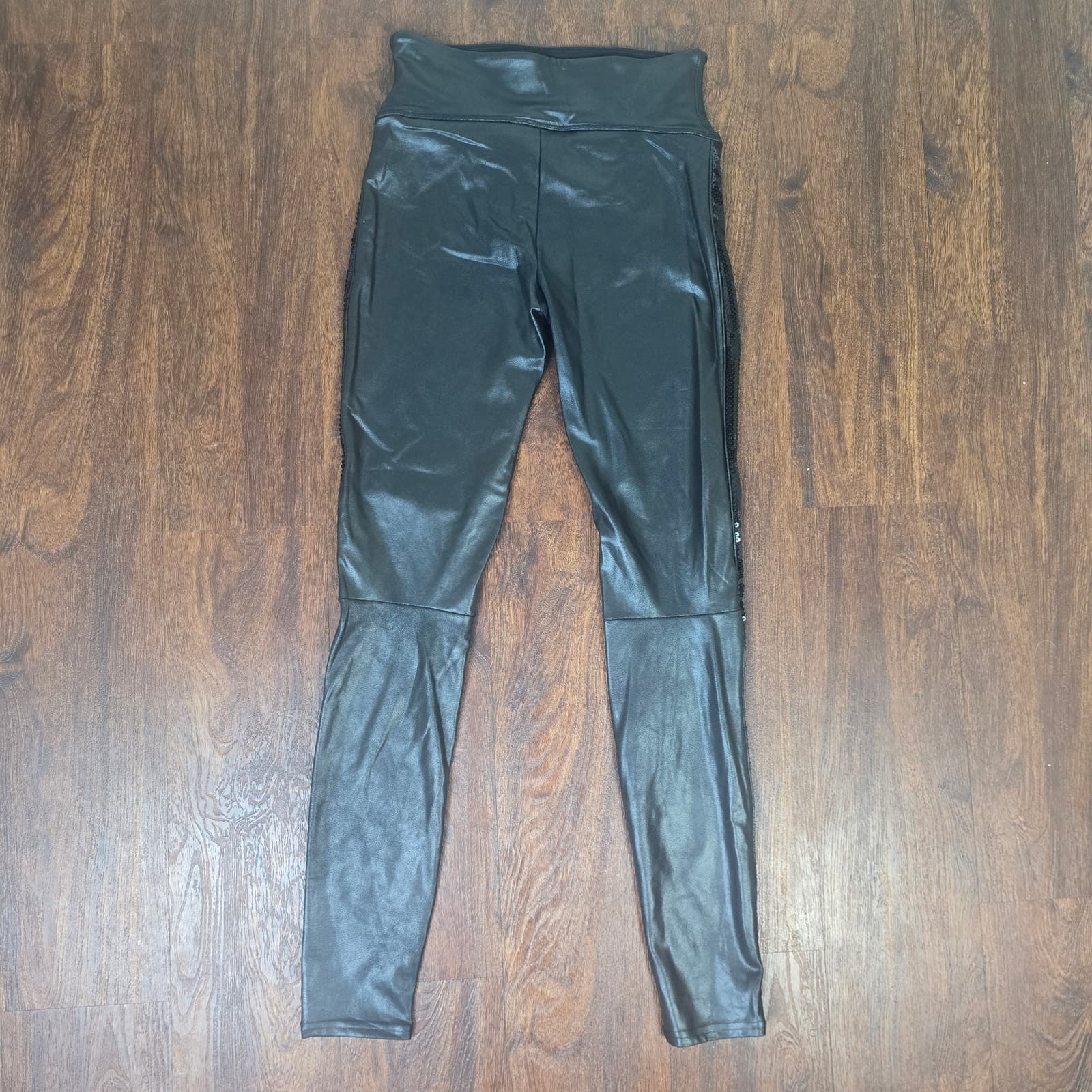 SPANX Sequined Faux Leather Leggings - Black - Small - Thumbnail 8