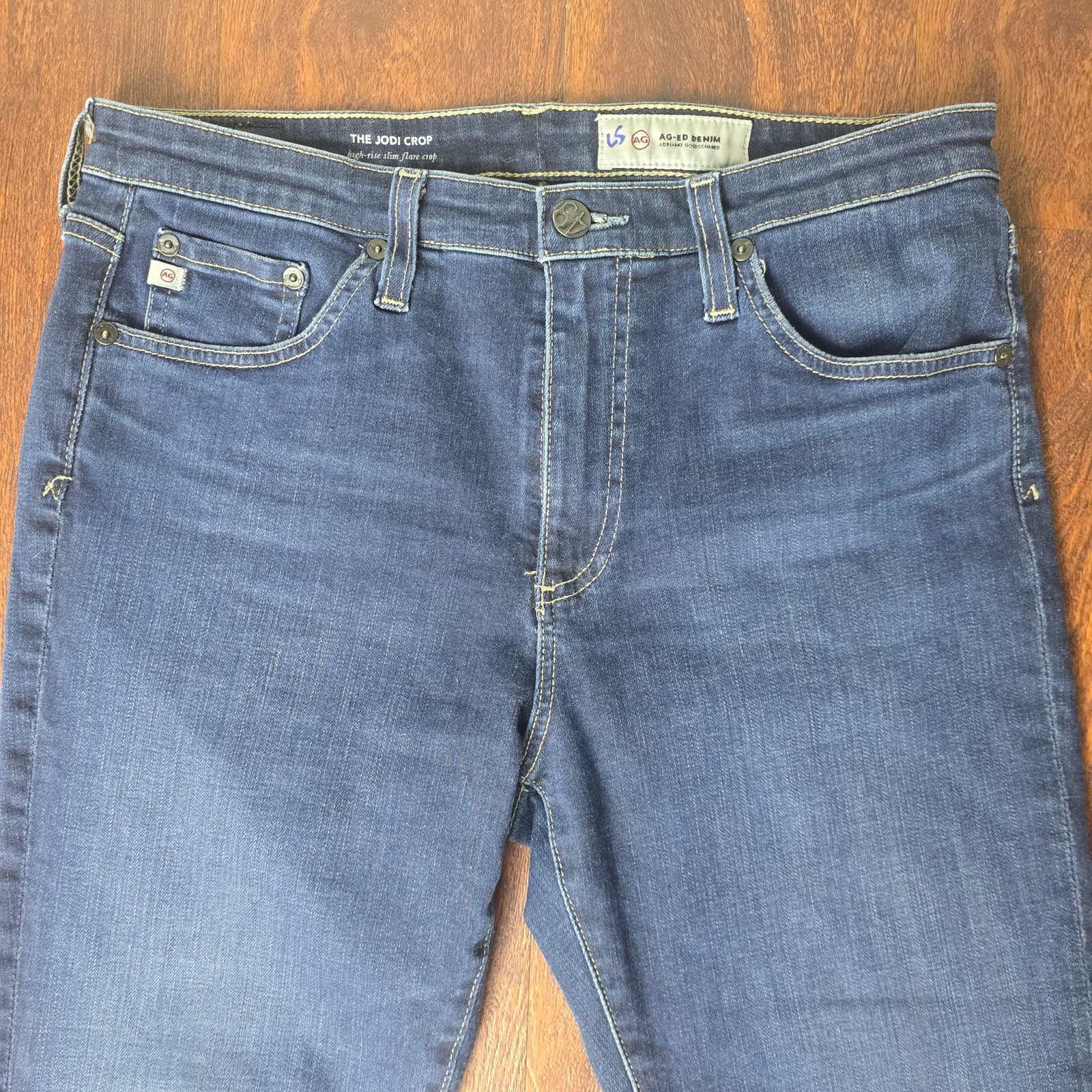 AG Jeans The Jodi Crop Flare High Rise Medium Dark Wash Fringe Hem - Size 29R - Thumbnail 2