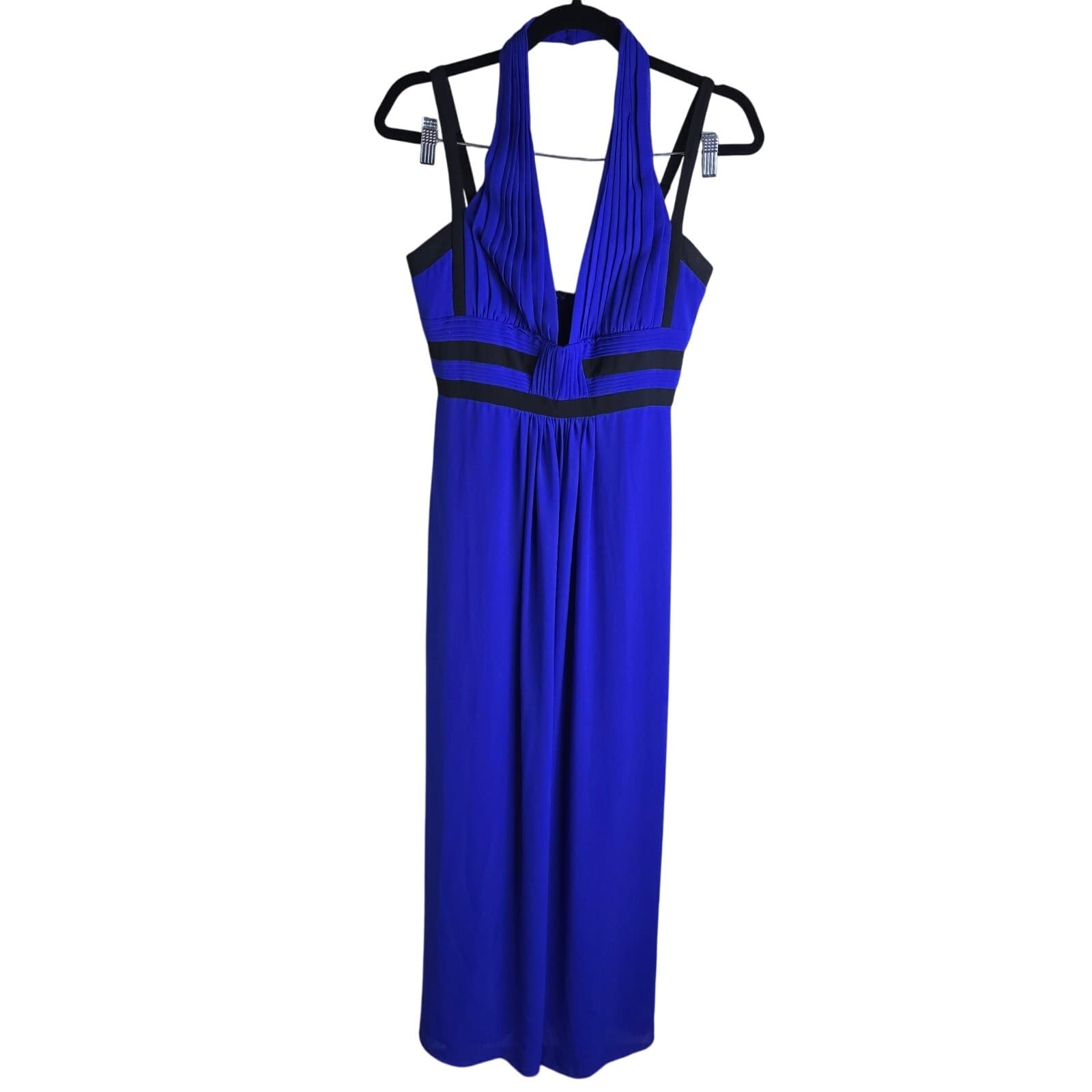 BCBGMAXAZRIA Margarette Royal Blue Halter Maxi Dress Black Contrast Trim Gown - Thumbnail 5