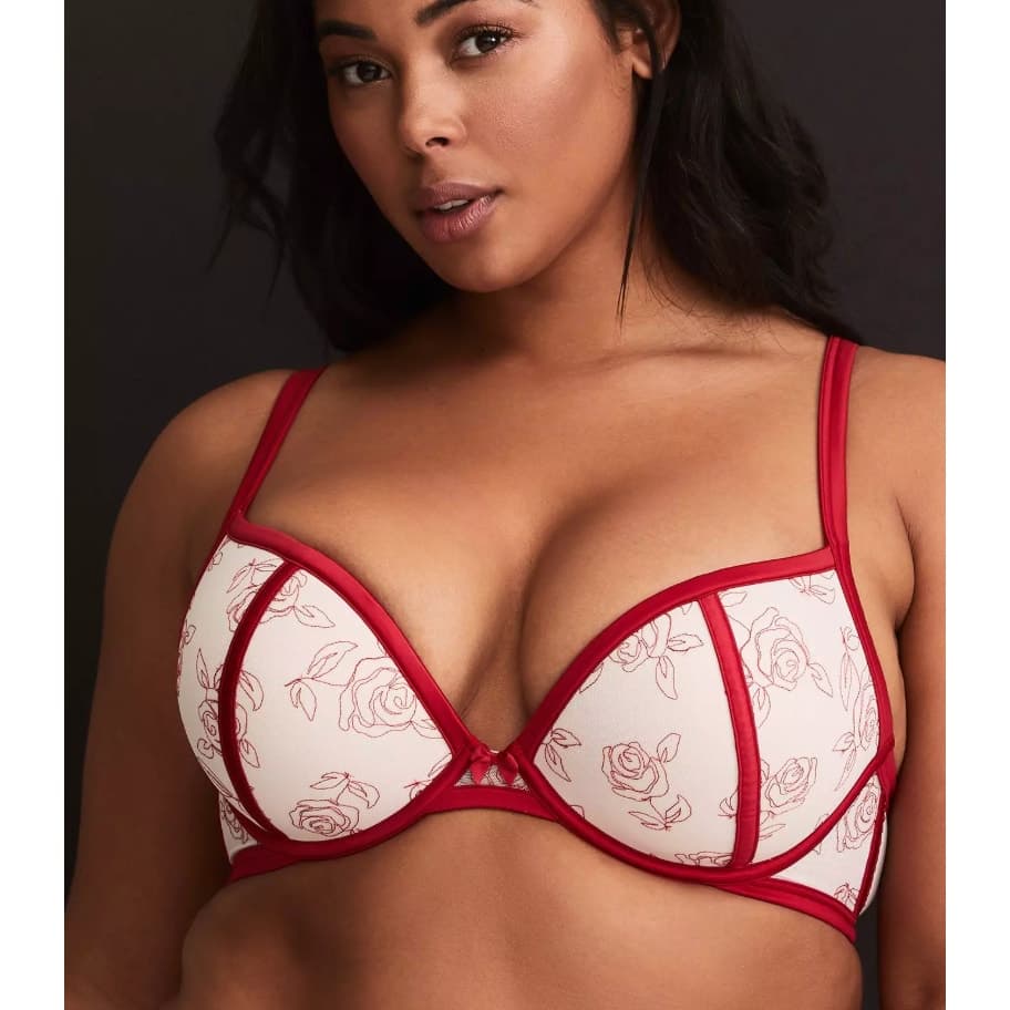 Plunge Push-Up Embroidered Lace Straight Back Bra - 42DDD - :Lipstick Red - Thumbnail 2