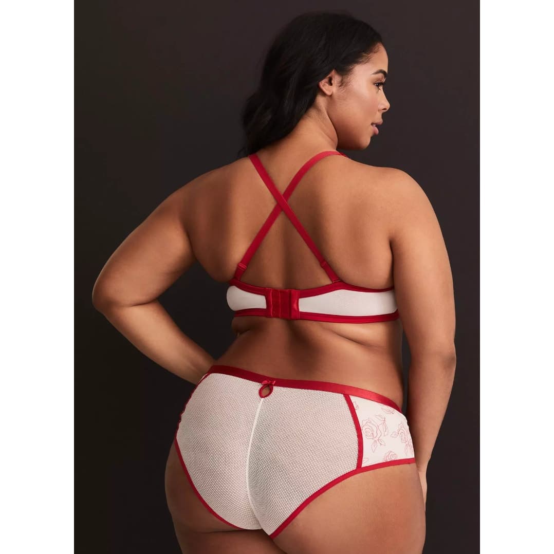 Plunge Push-Up Embroidered Lace Straight Back Bra - 42DDD - :Lipstick Red - Thumbnail 4