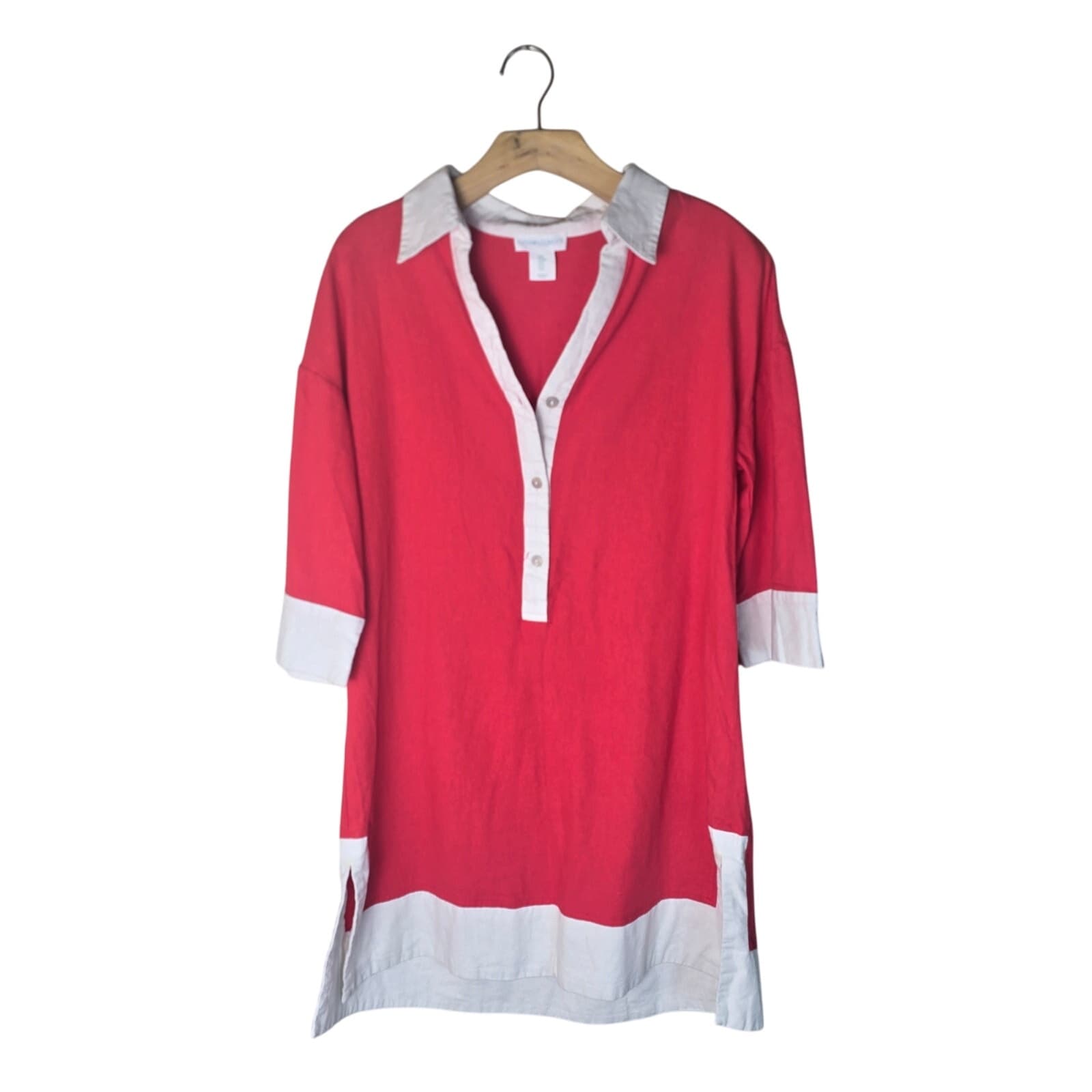 Cynthia Rowley Red and White Color Block Linen Blend Tunic Mini Dress - Small - Image 1