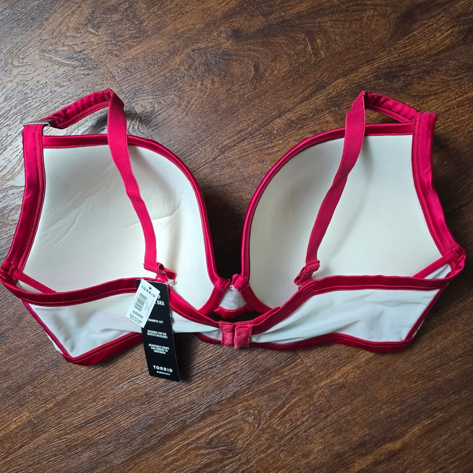 Plunge Push-Up Embroidered Lace Straight Back Bra - 42DDD - :Lipstick Red - Thumbnail 7