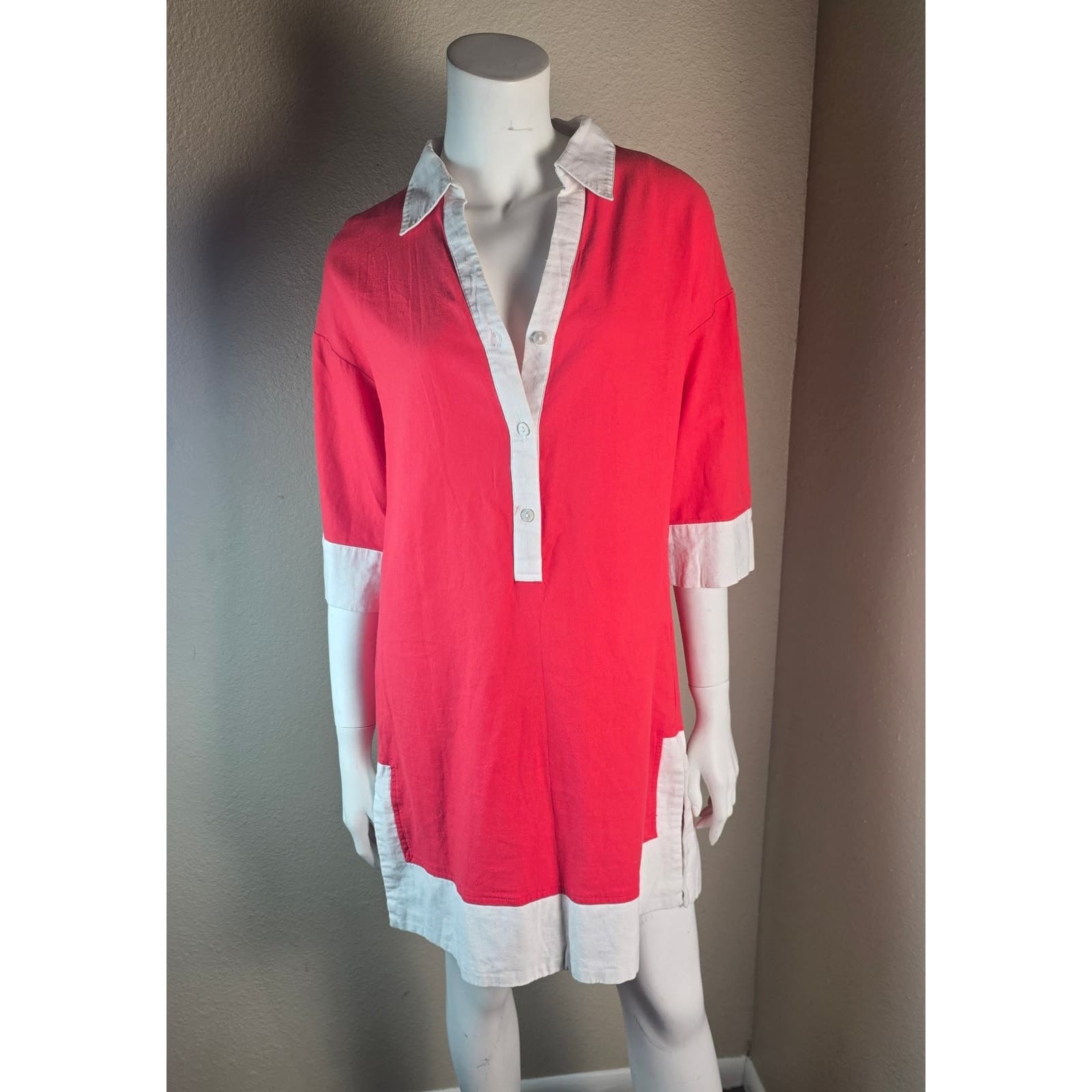 Cynthia Rowley Red and White Color Block Linen Blend Tunic Mini Dress - Small - Thumbnail 3