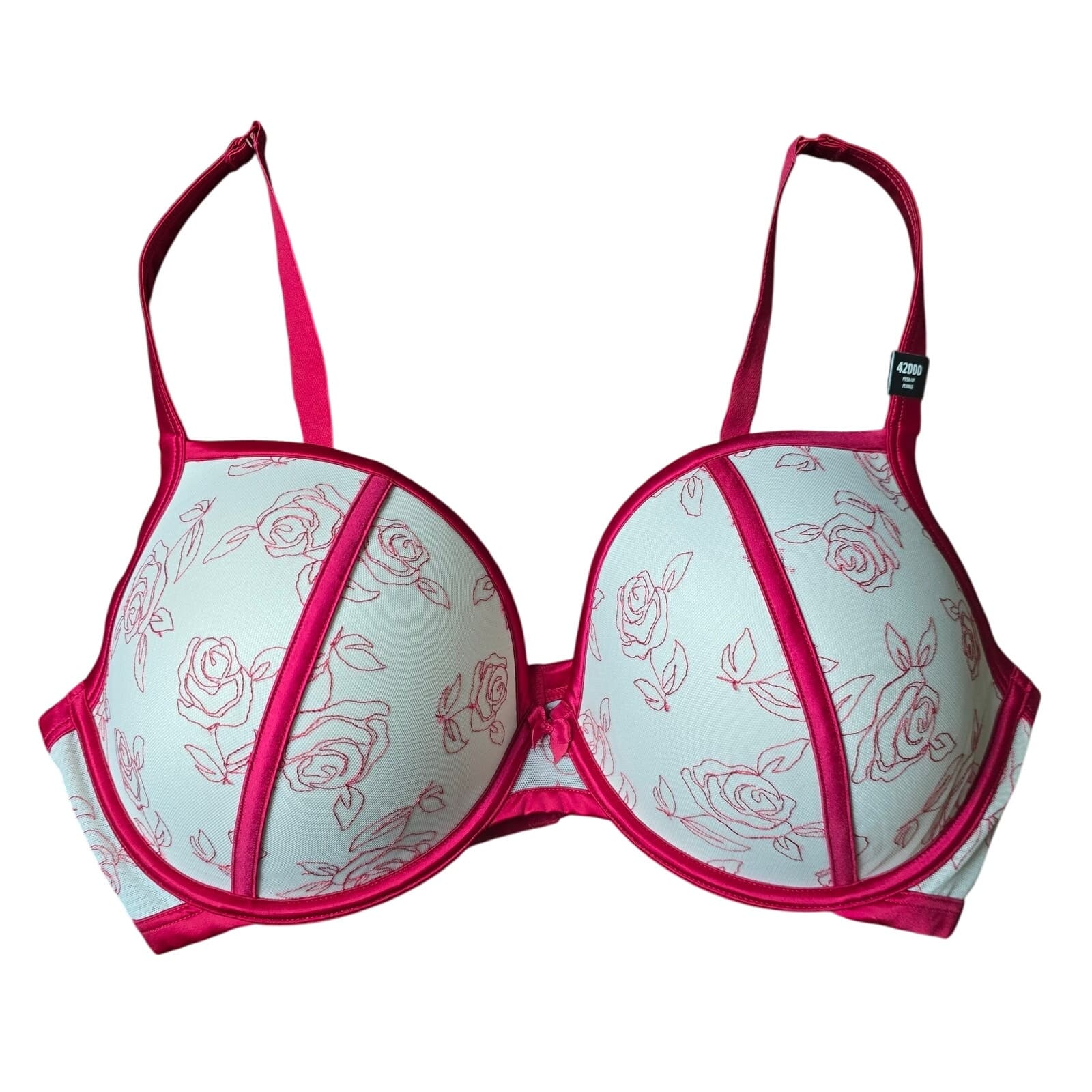 Plunge Push-Up Embroidered Lace Straight Back Bra - 42DDD - :Lipstick Red - Image 1