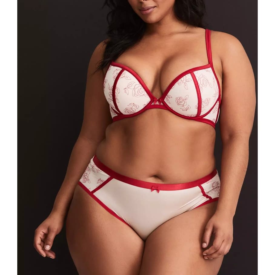 Plunge Push-Up Embroidered Lace Straight Back Bra - 42DDD - :Lipstick Red - Thumbnail 3