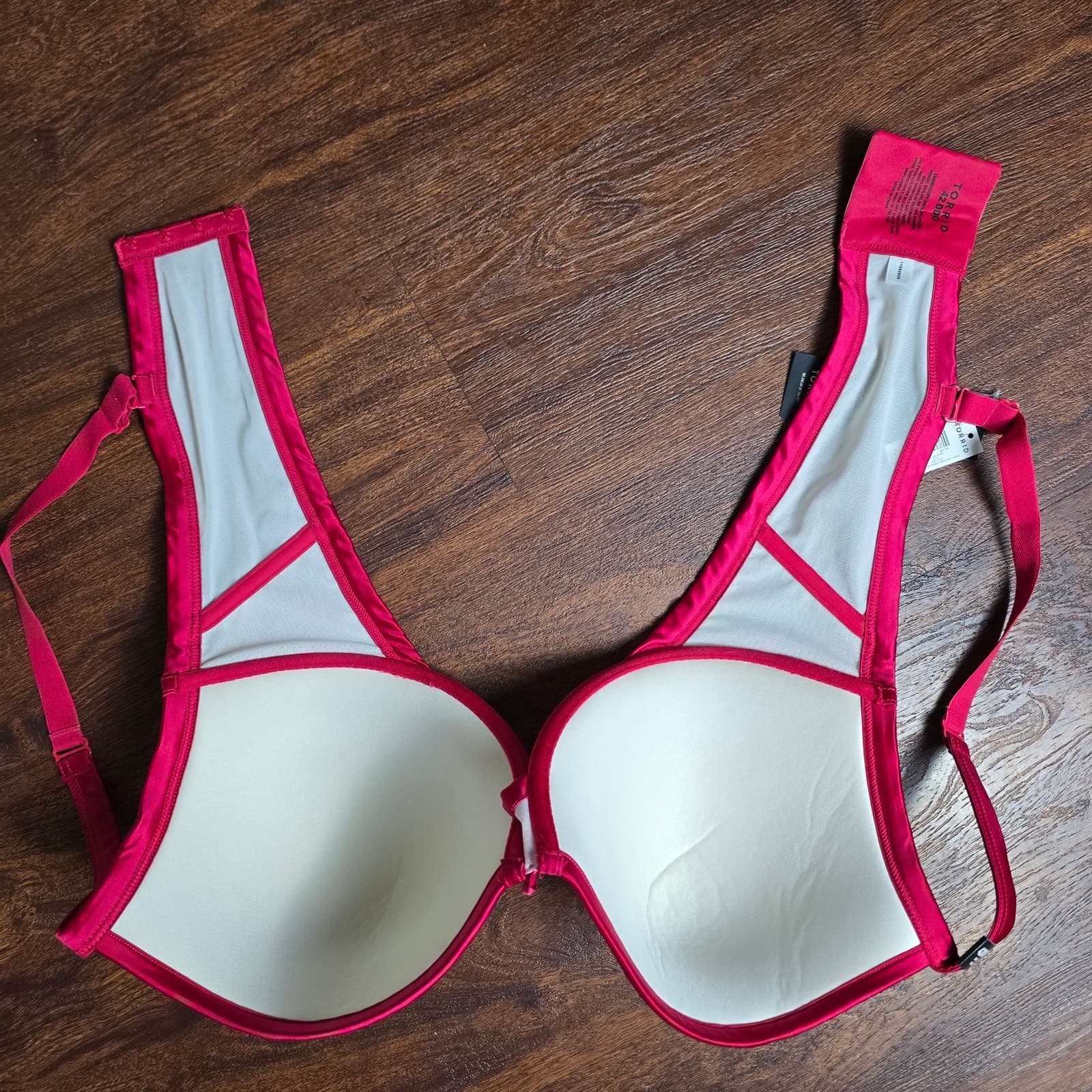 Plunge Push-Up Embroidered Lace Straight Back Bra - 42DDD - :Lipstick Red - Thumbnail 8