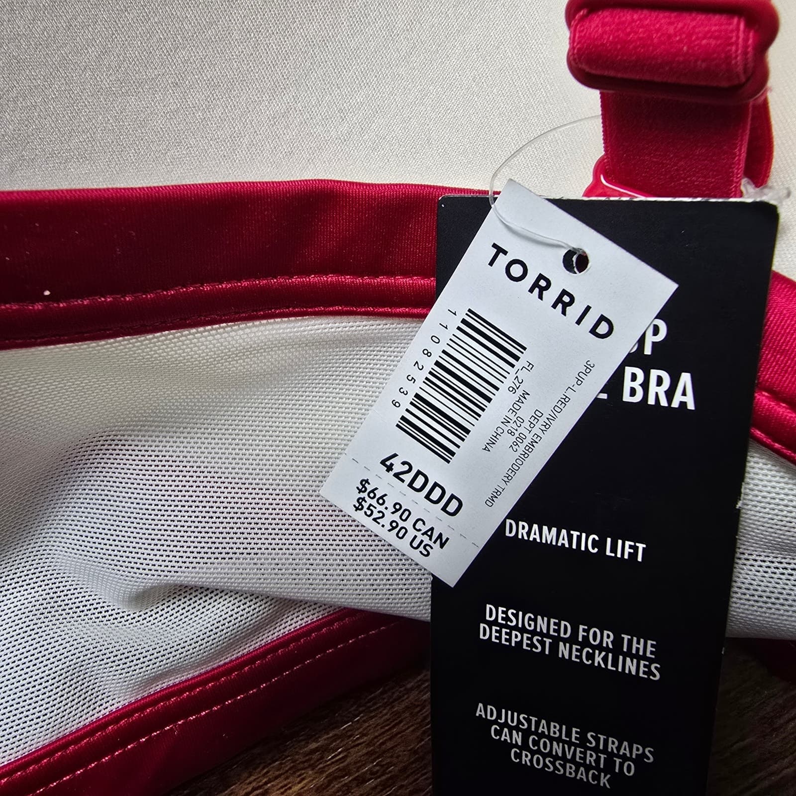 Plunge Push-Up Embroidered Lace Straight Back Bra - 42DDD - :Lipstick Red - Thumbnail 11