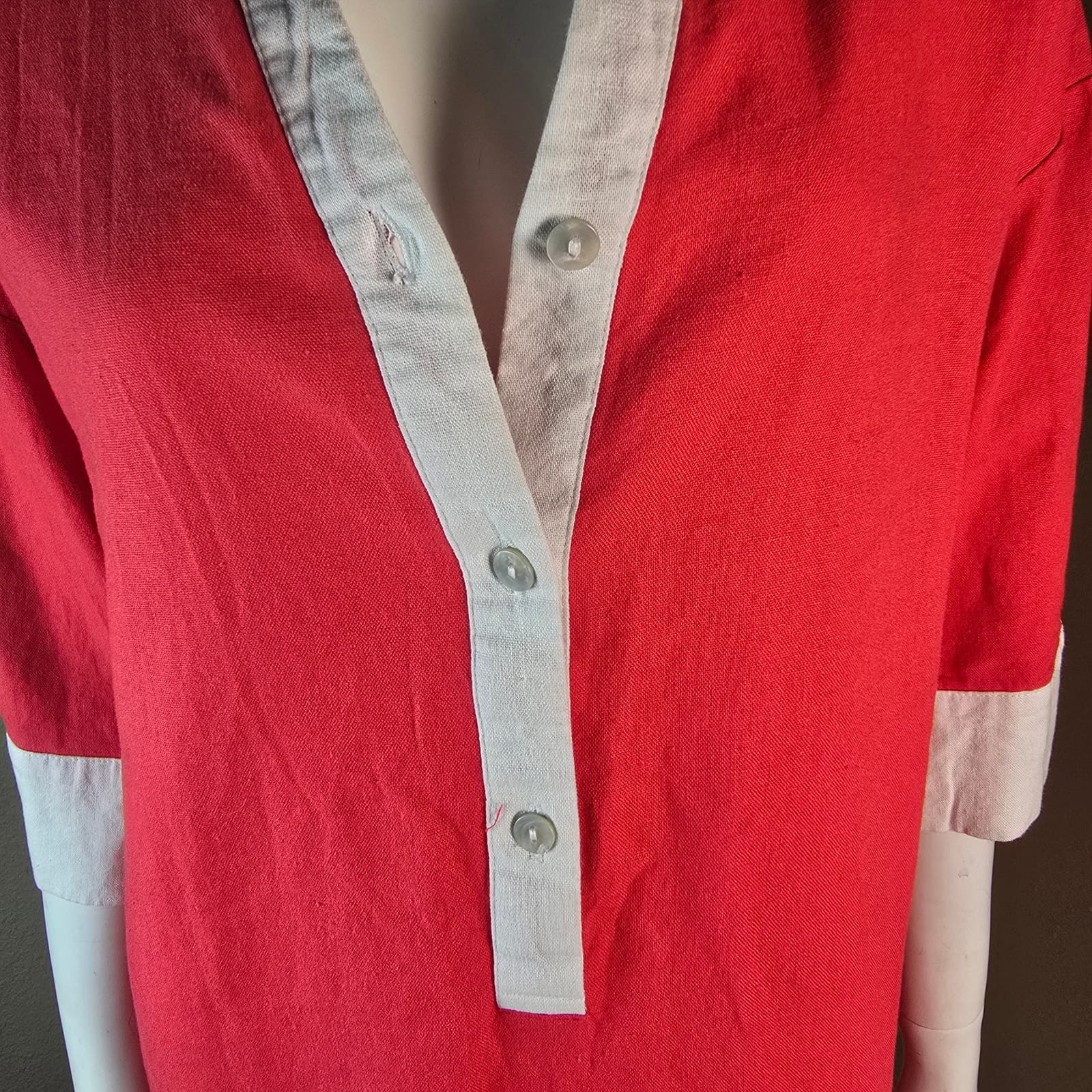 Cynthia Rowley Red and White Color Block Linen Blend Tunic Mini Dress - Small - Thumbnail 6