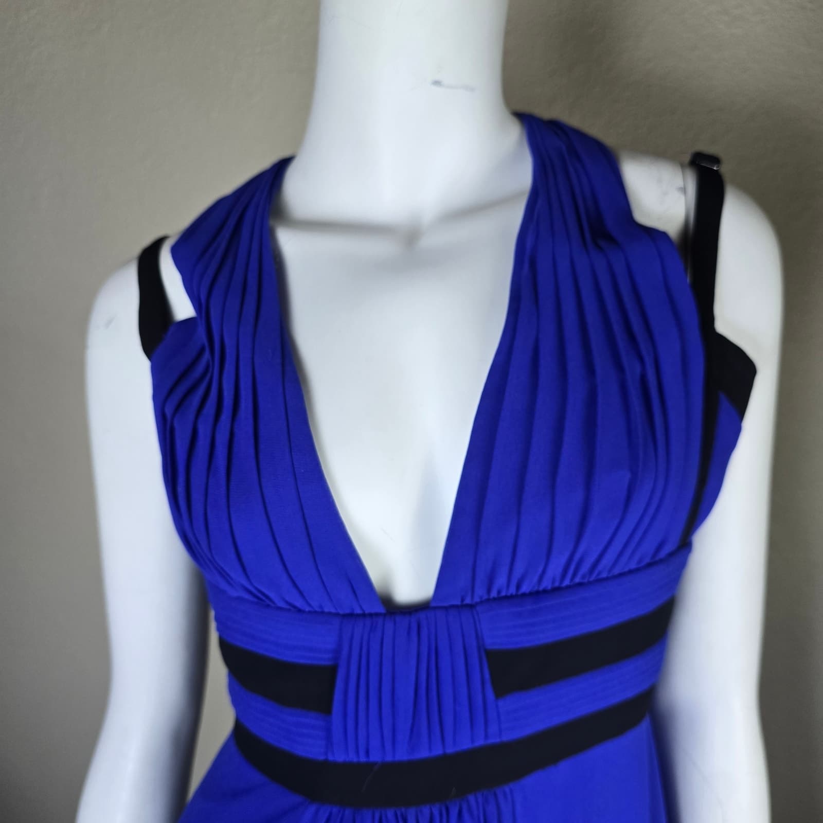BCBGMAXAZRIA Margarette Royal Blue Halter Maxi Dress Black Contrast Trim Gown - Thumbnail 2