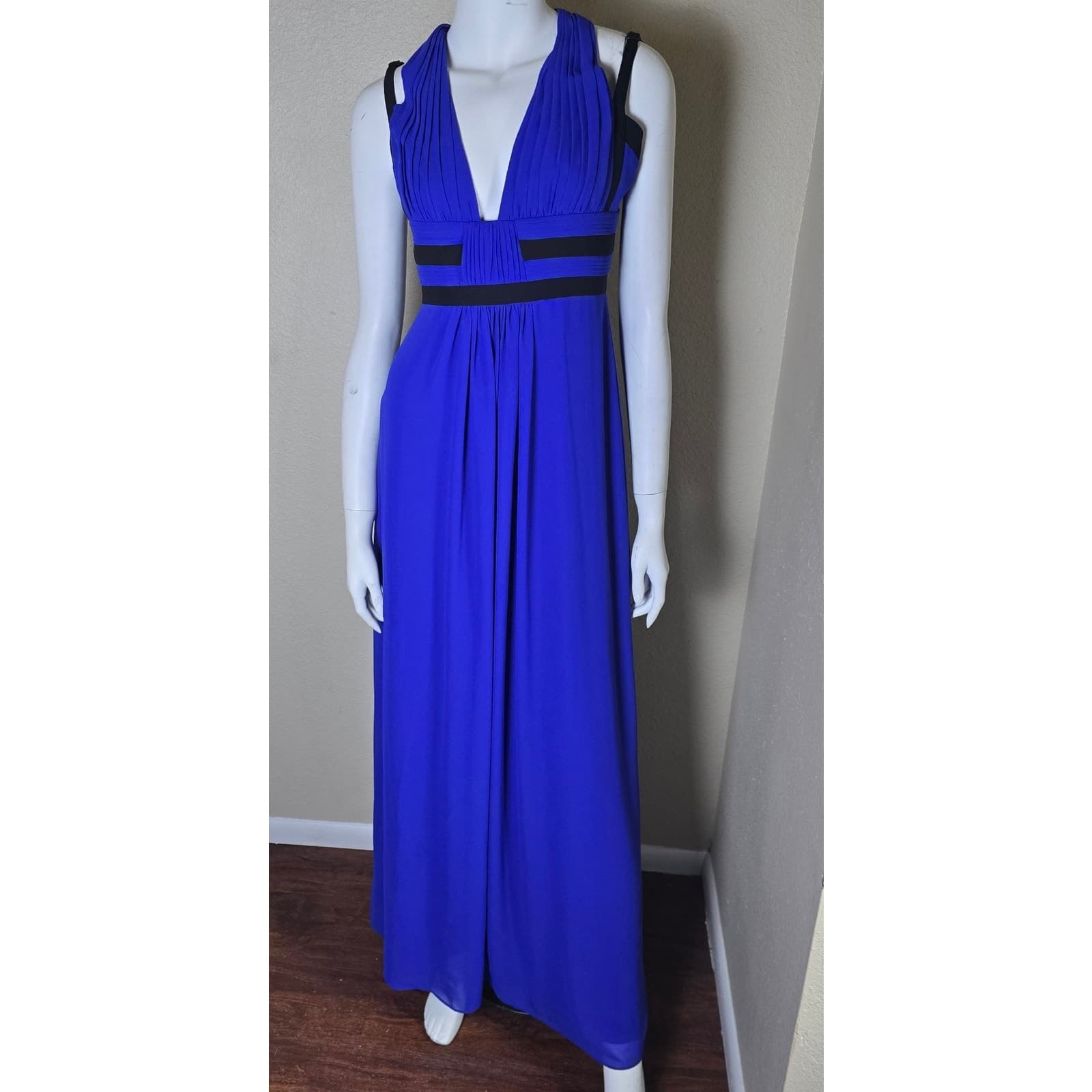 BCBGMAXAZRIA Margarette Royal Blue Halter Maxi Dress Black Contrast Trim Gown - Image 1