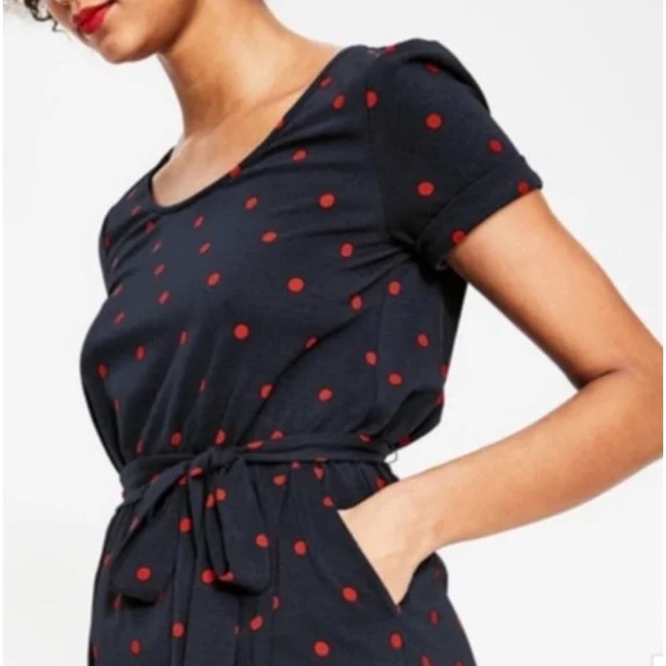 Boden Hallie Split Skirt Belted Jersey Dress Navy Blue & Red Polka Dot Size 16R - Thumbnail 3
