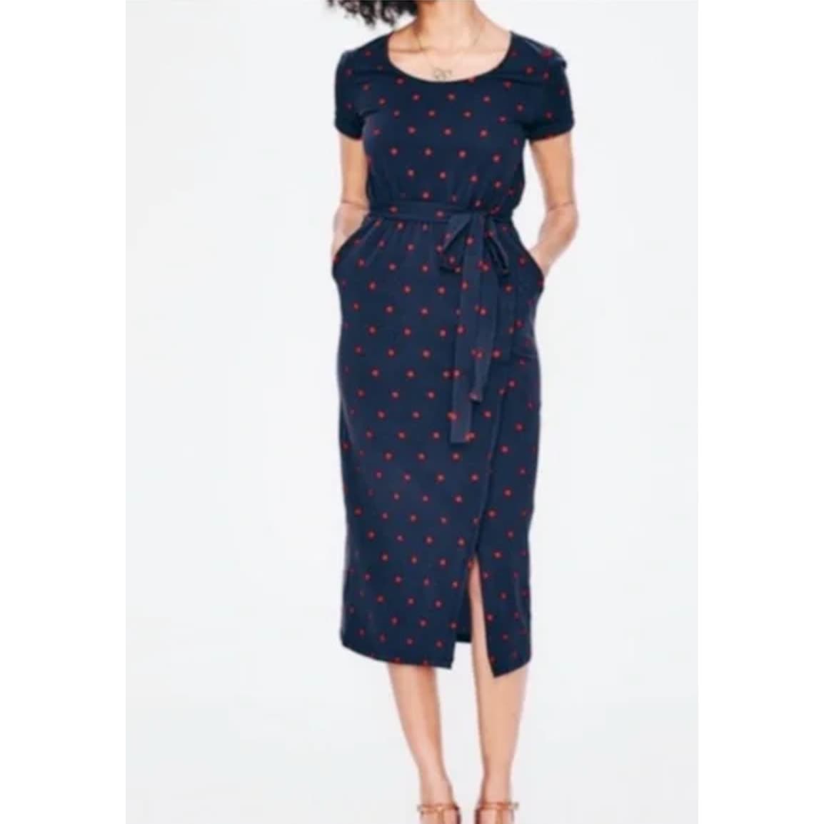 Boden Hallie Split Skirt Belted Jersey Dress Navy Blue & Red Polka Dot Size 16R - Thumbnail 2