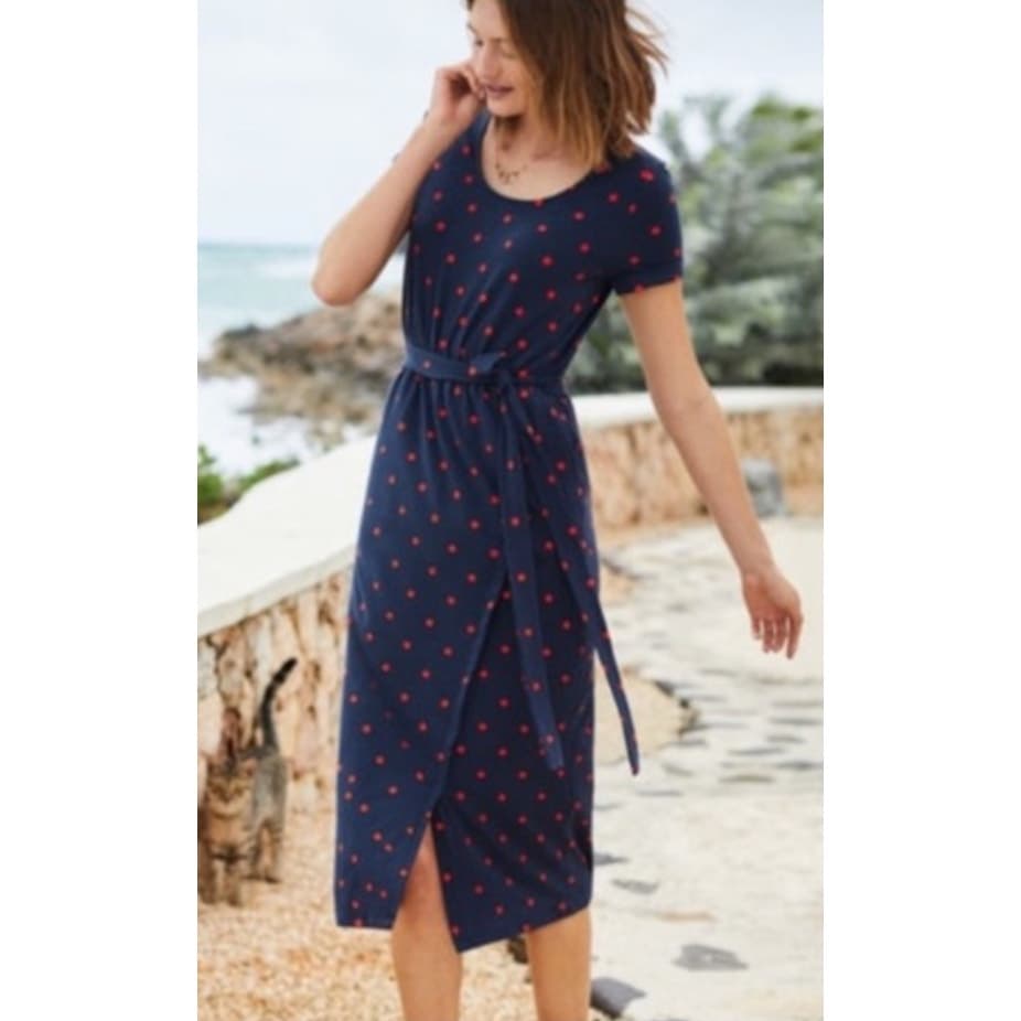 Boden Hallie Split Skirt Belted Jersey Dress Navy Blue & Red Polka Dot Size 16R - Thumbnail 4