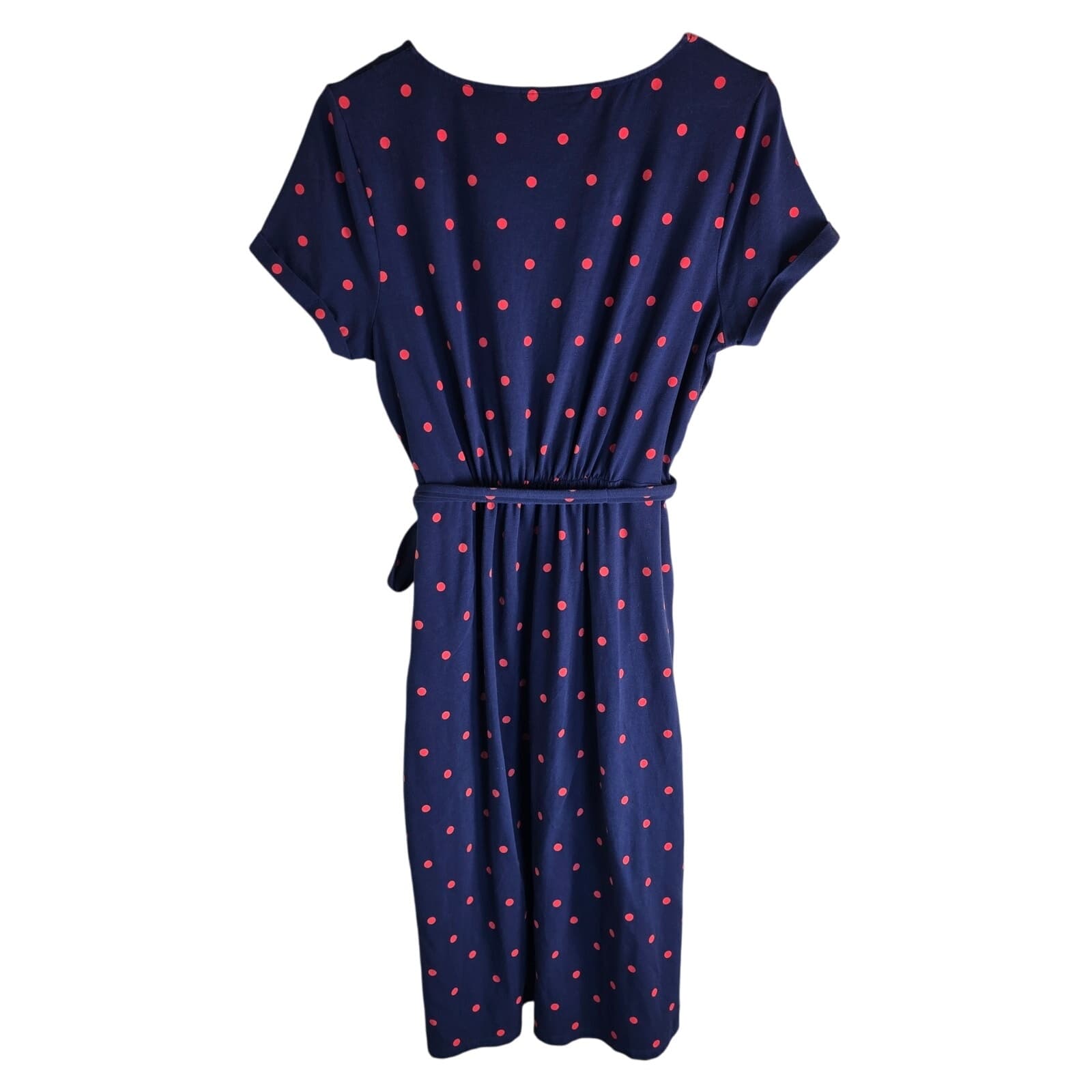 Boden Hallie Split Skirt Belted Jersey Dress Navy Blue & Red Polka Dot Size 16R - Thumbnail 5