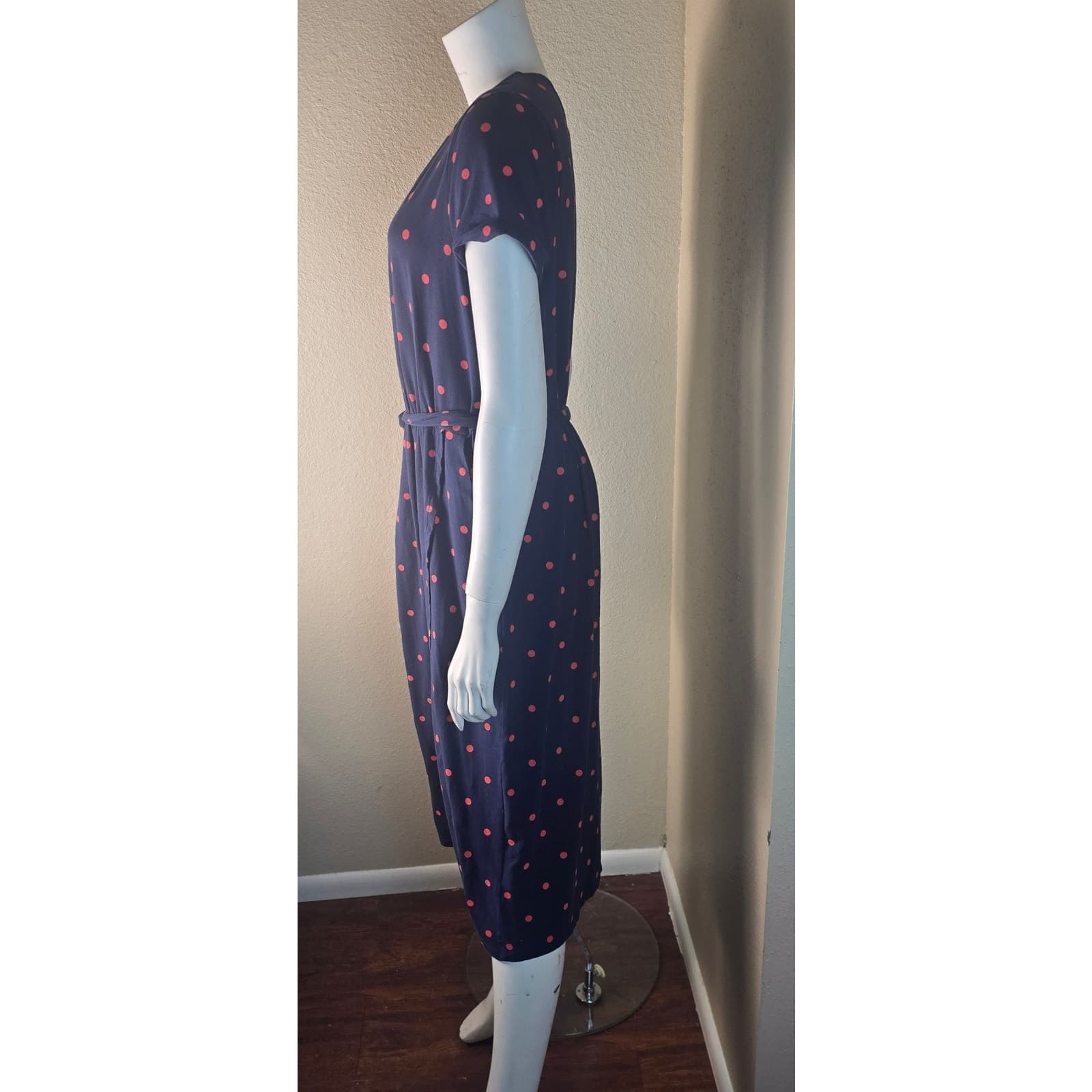 Boden Hallie Split Skirt Belted Jersey Dress Navy Blue & Red Polka Dot Size 16R - Thumbnail 7