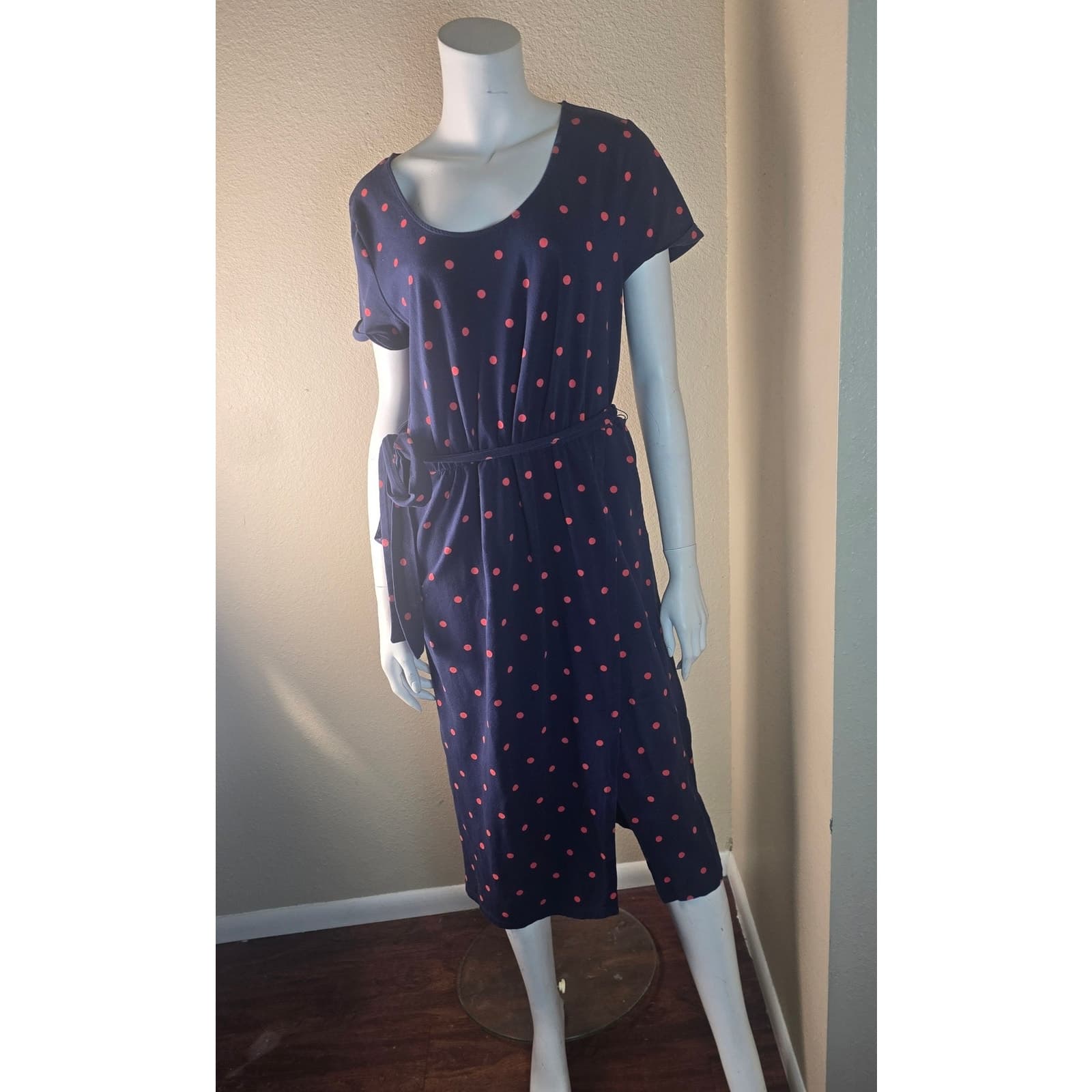 Boden Hallie Split Skirt Belted Jersey Dress Navy Blue & Red Polka Dot Size 16R - Thumbnail 6