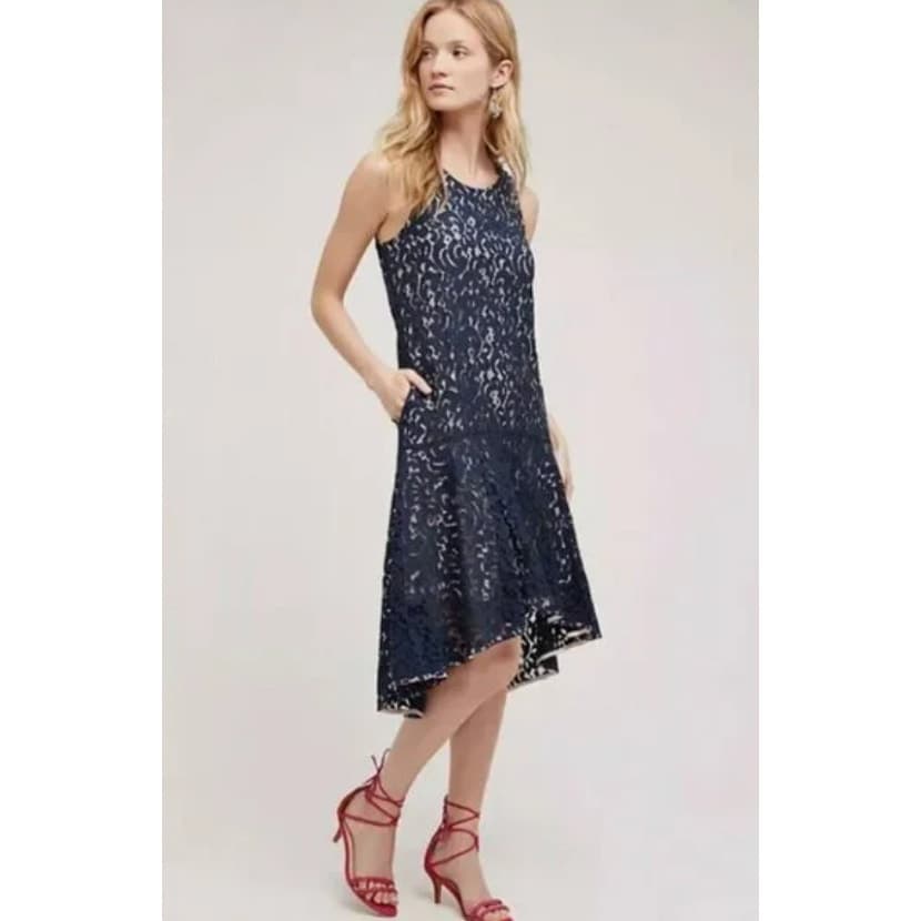 Maeve by Anthropologie Vienne Navy Blue Lace High Low Dress - Small - Thumbnail 2