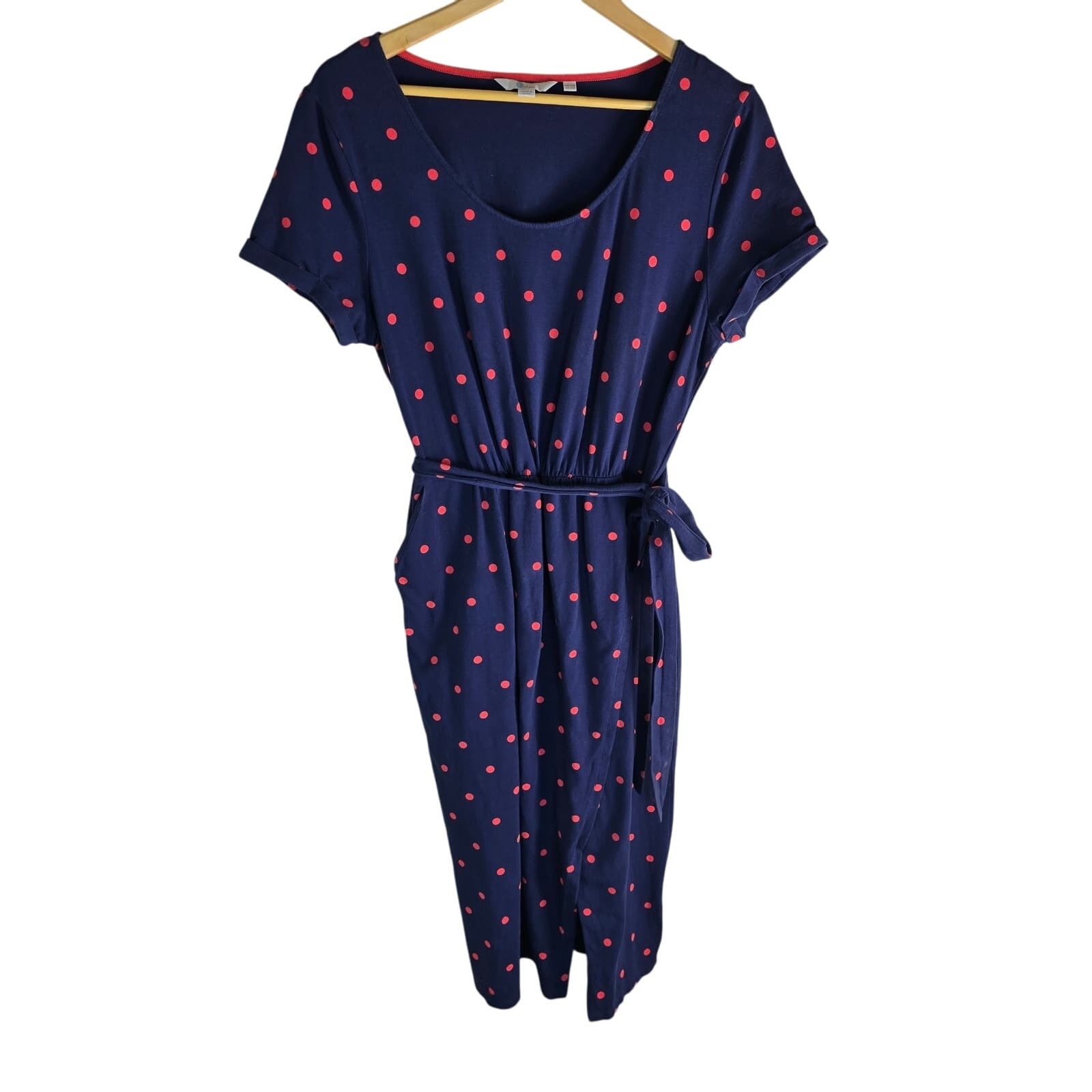 Boden Hallie Split Skirt Belted Jersey Dress Navy Blue & Red Polka Dot Size 16R - Image 1