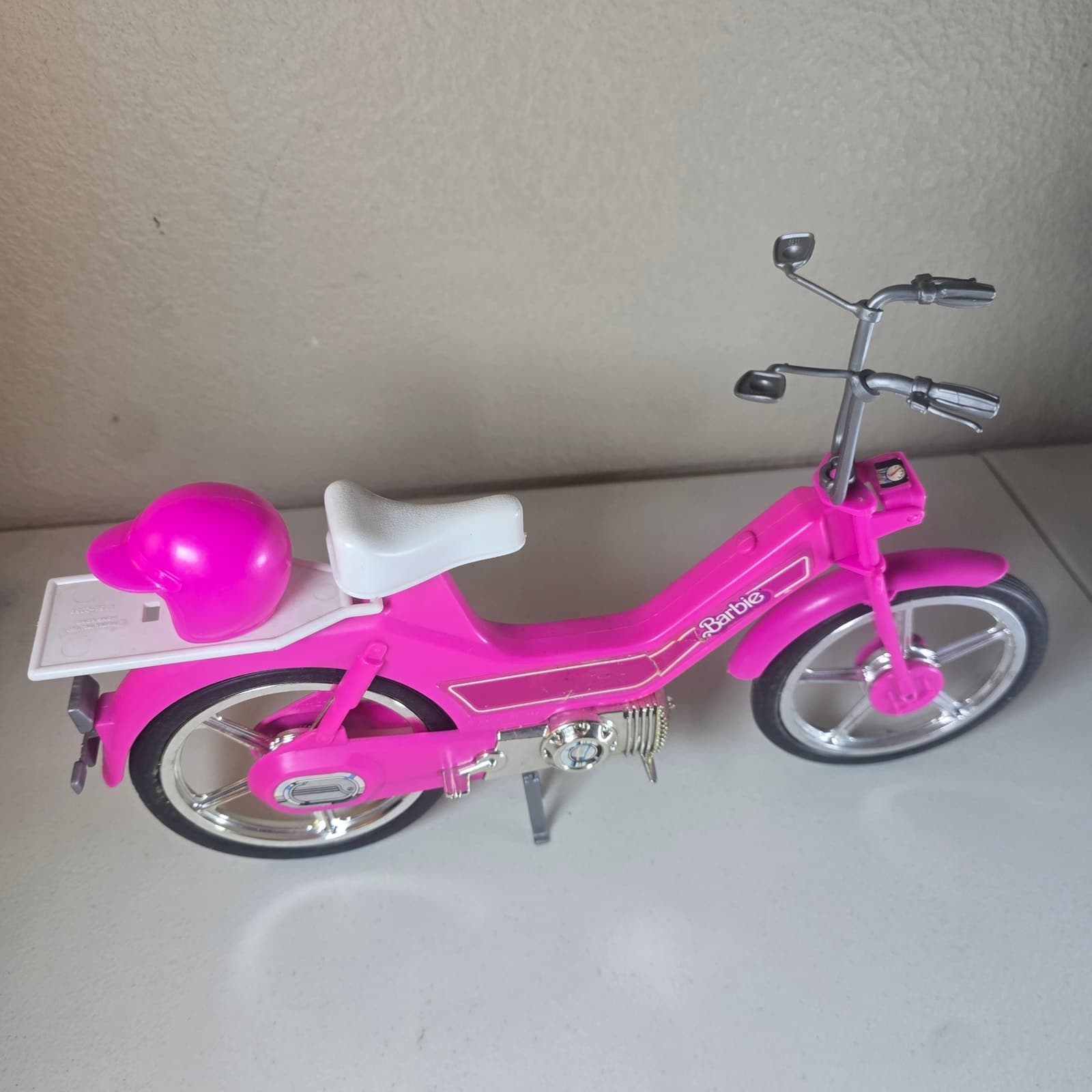 Vintage 1983 Barbie Motor Bike Pink & Silver with Helmet + Storage Rack - Thumbnail 2