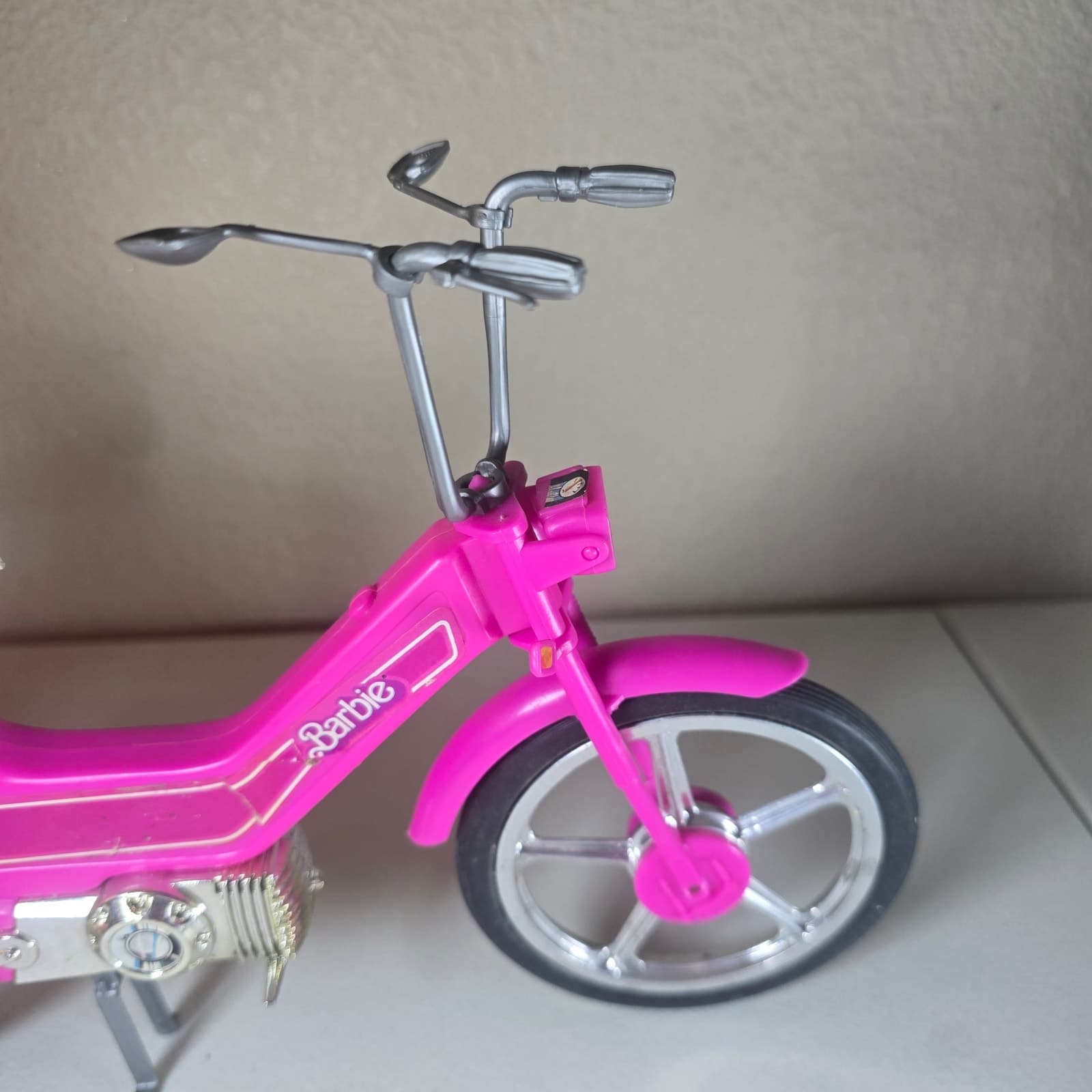 Vintage 1983 Barbie Motor Bike Pink & Silver with Helmet + Storage Rack - Thumbnail 3