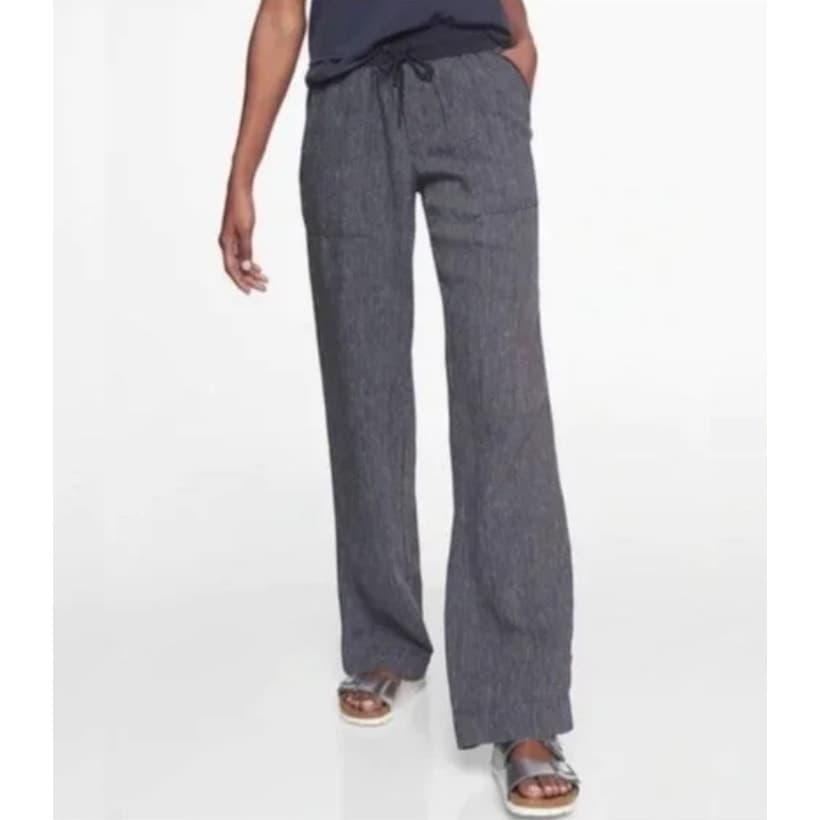 Athleta Stripe Bali Linen Pants - Navy Blue Strpe - Size 12 - Style # 211073 - Thumbnail 2