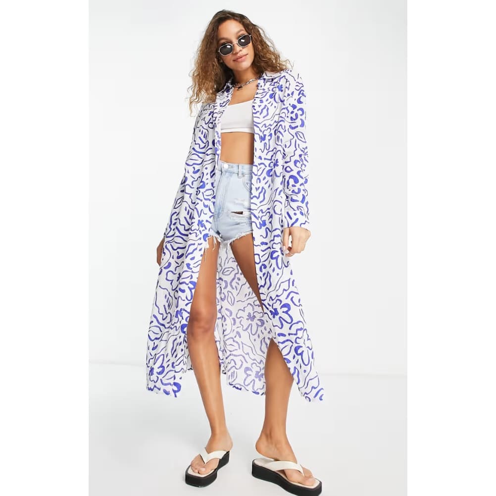 Topshop Sketch Print Maxi Beach Shirt Swim Coverup - LargeD - Thumbnail 2