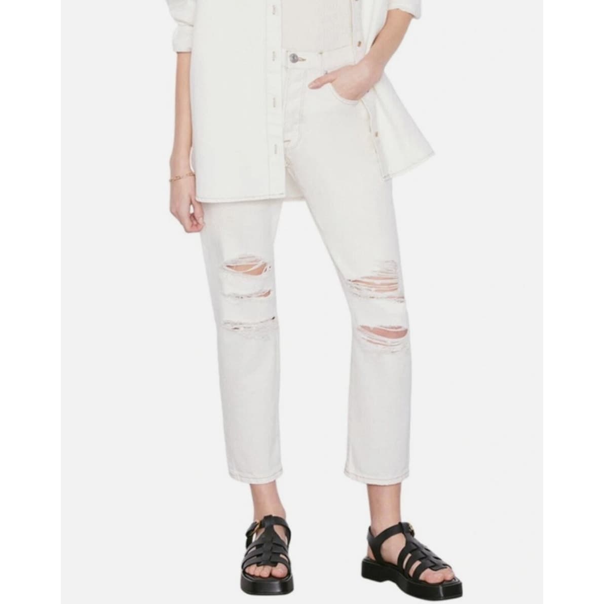 FRAME Le Original Off White Rips Button Fly High Rise Ankle Distressed Jeans 26 - Thumbnail 2