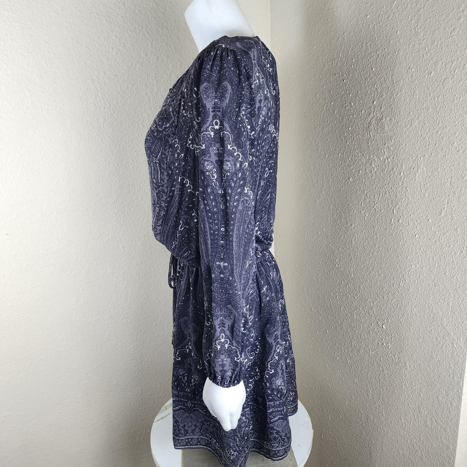 joie 100% Silk Black and White Paisley 3/4 Sleeve Drop Waist Mini Dress Medium - Thumbnail 3