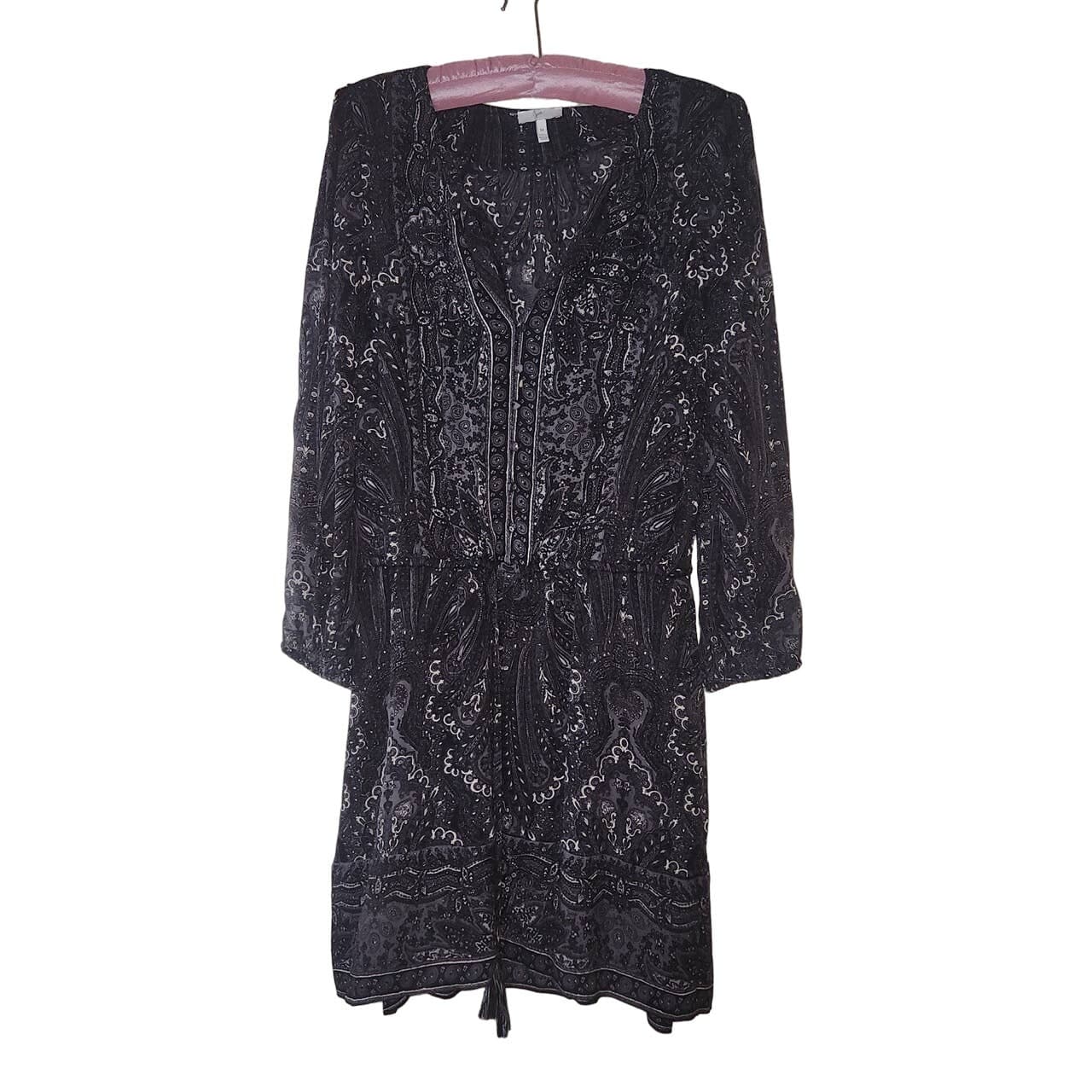 joie 100% Silk Black and White Paisley 3/4 Sleeve Drop Waist Mini Dress Medium - Thumbnail 2