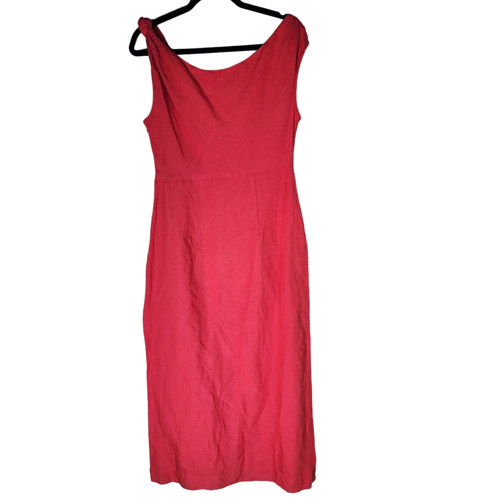 by Anthropologie Red Linen Blend Midi Length Dress Asymmetrical Neckline, S - Thumbnail 3