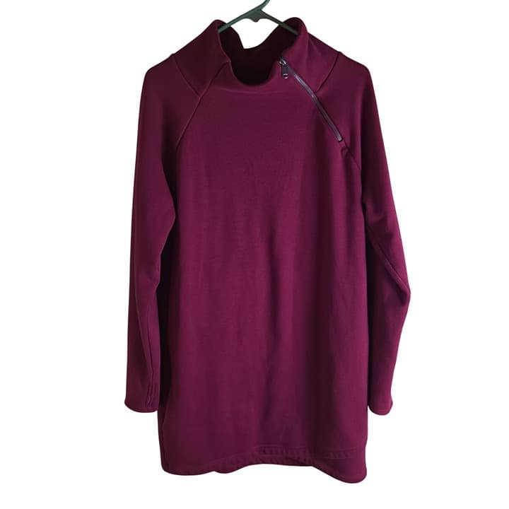 Athleta Cozy Karma Asymmetrical Zip Fleece Tunic Sweatshirt Dress - LT- Maroon - Image 1