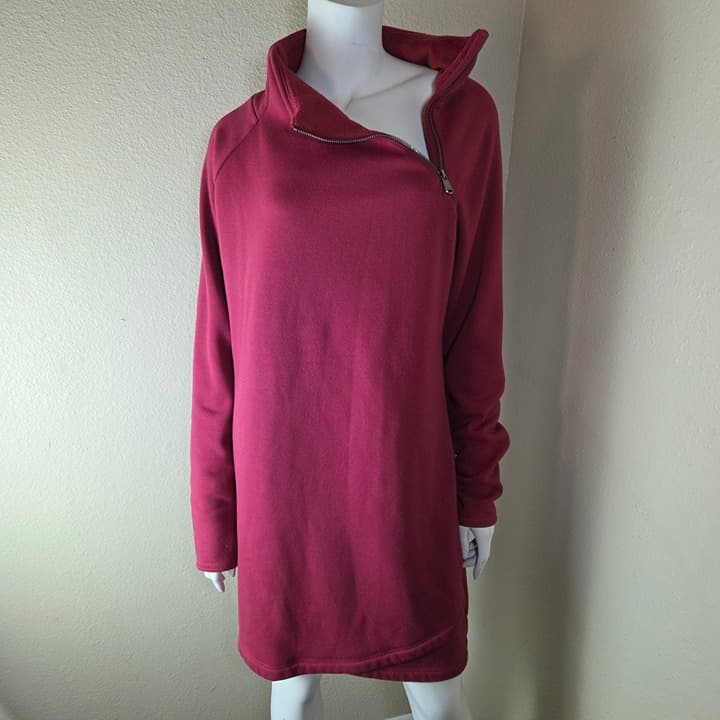 Athleta Cozy Karma Asymmetrical Zip Fleece Tunic Sweatshirt Dress - LT- Maroon - Thumbnail 5