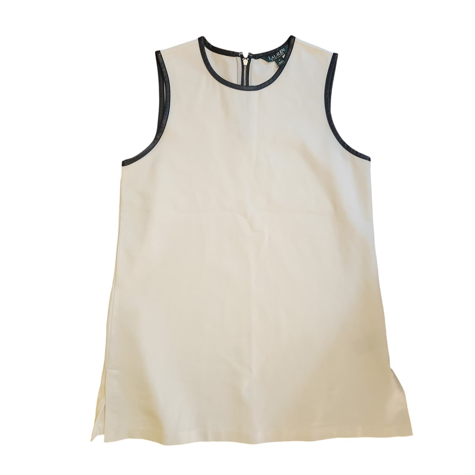 LAUREN Ralph Lauren Sleeveless White Tank Faux Leather Trim, Back Zipper Medium - Image 1