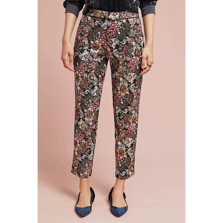Anthropologie Maeve Jacquard Floral Metallic Slim Trousers, Size - Thumbnail 2