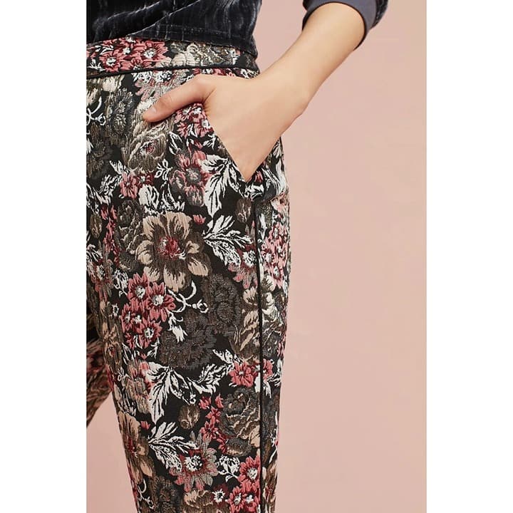 Anthropologie Maeve Jacquard Floral Metallic Slim Trousers, Size - Thumbnail 5