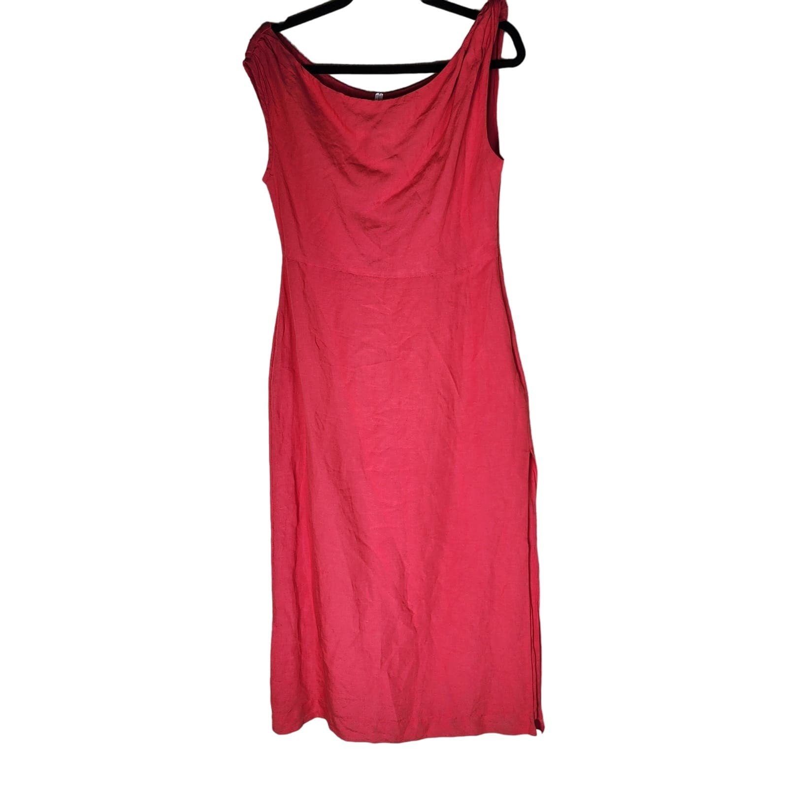 by Anthropologie Red Linen Blend Midi Length Dress Asymmetrical Neckline, S - Thumbnail 2