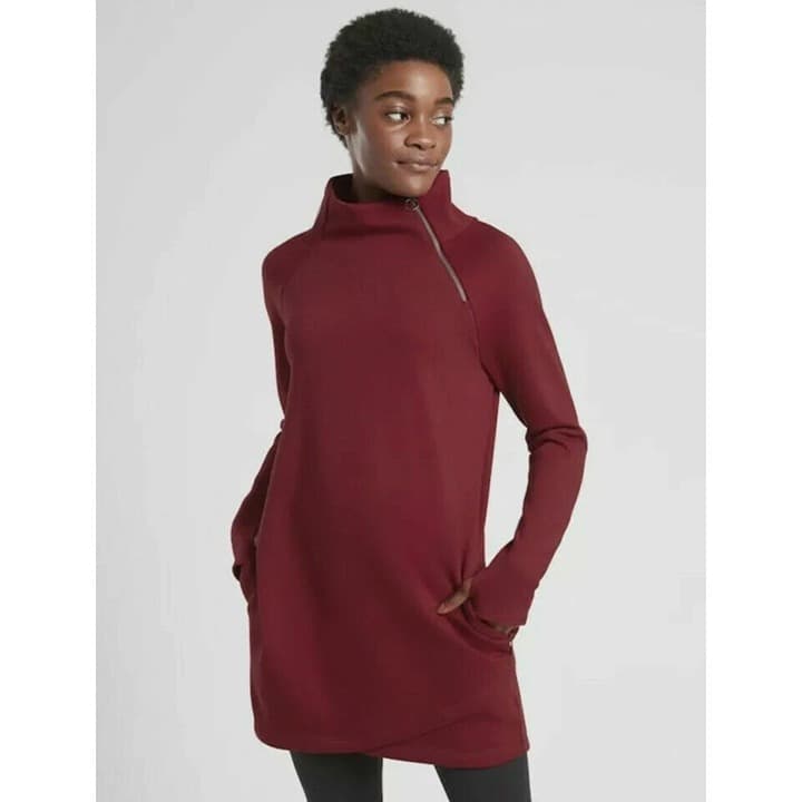 Athleta Cozy Karma Asymmetrical Zip Fleece Tunic Sweatshirt Dress - LT- Maroon - Thumbnail 2