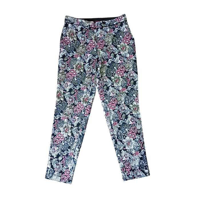 Anthropologie Maeve Jacquard Floral Metallic Slim Trousers, Size - Image 1