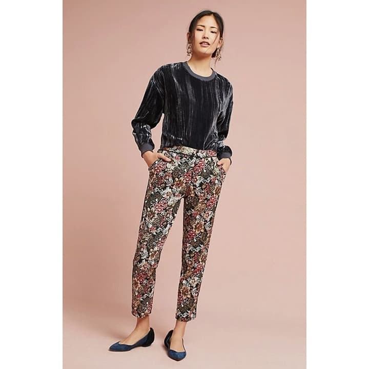 Anthropologie Maeve Jacquard Floral Metallic Slim Trousers, Size - Thumbnail 4