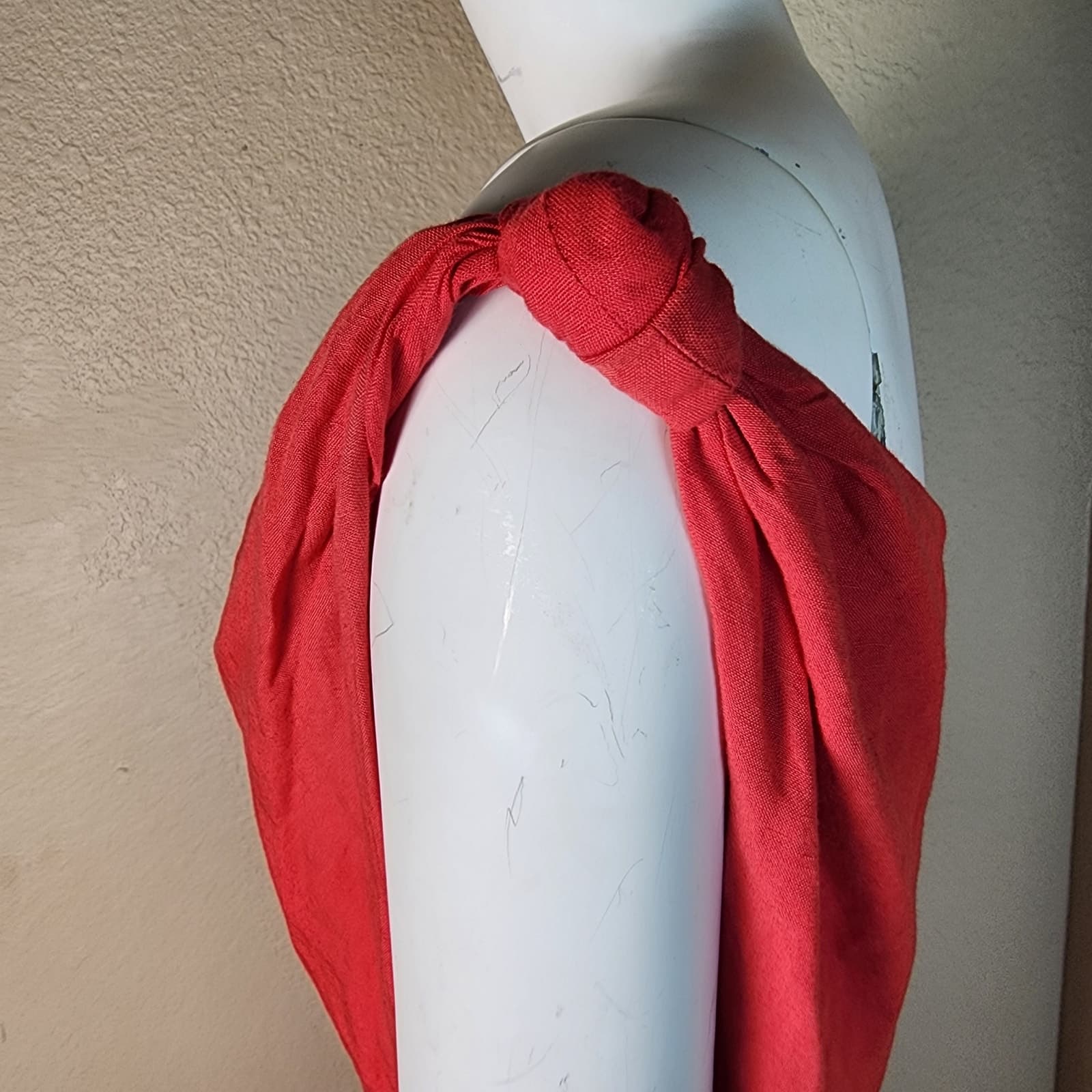 by Anthropologie Red Linen Blend Midi Length Dress Asymmetrical Neckline, S - Thumbnail 6