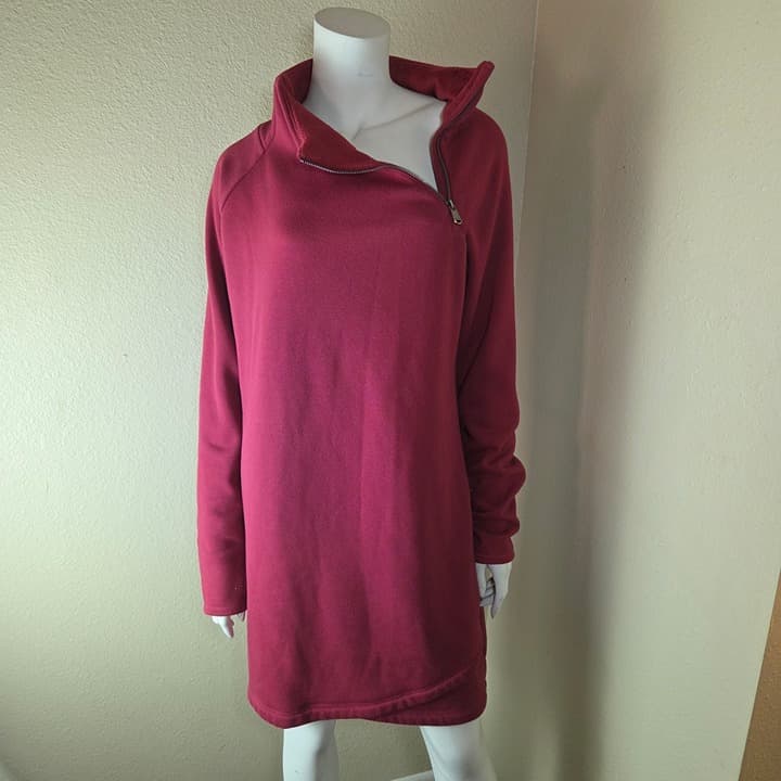 Athleta Cozy Karma Asymmetrical Zip Fleece Tunic Sweatshirt Dress - LT- Maroon - Thumbnail 6