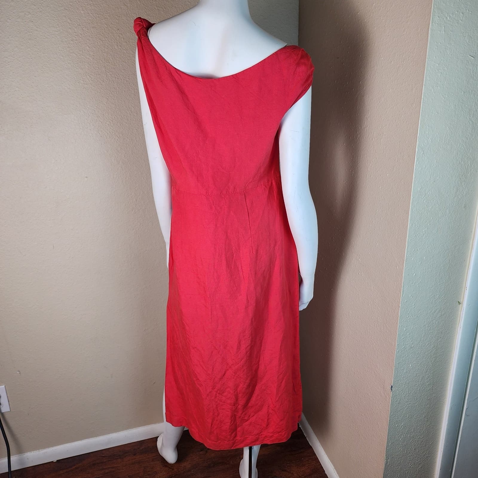 by Anthropologie Red Linen Blend Midi Length Dress Asymmetrical Neckline, S - Thumbnail 5
