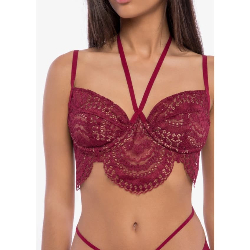 For Love and Lemons Skivvies Lucia Scalloped Wine Colored Lace Halter Bra, M - Thumbnail 3