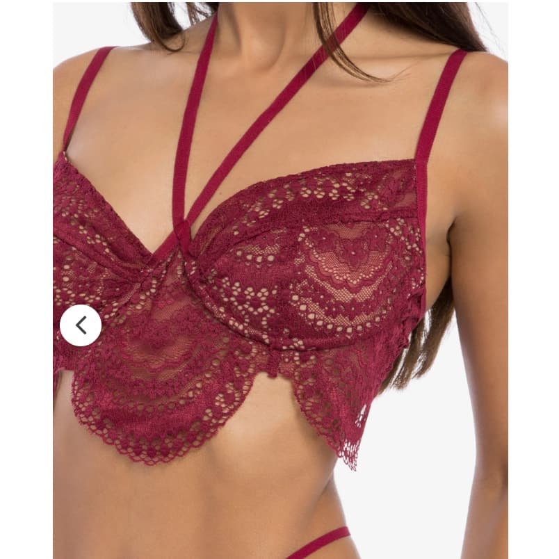 For Love and Lemons Skivvies Lucia Scalloped Wine Colored Lace Halter Bra, M - Thumbnail 4