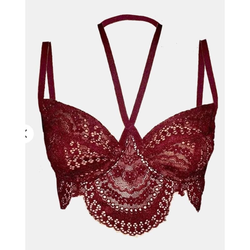 For Love and Lemons Skivvies Lucia Scalloped Wine Colored Lace Halter Bra, M - Image 1