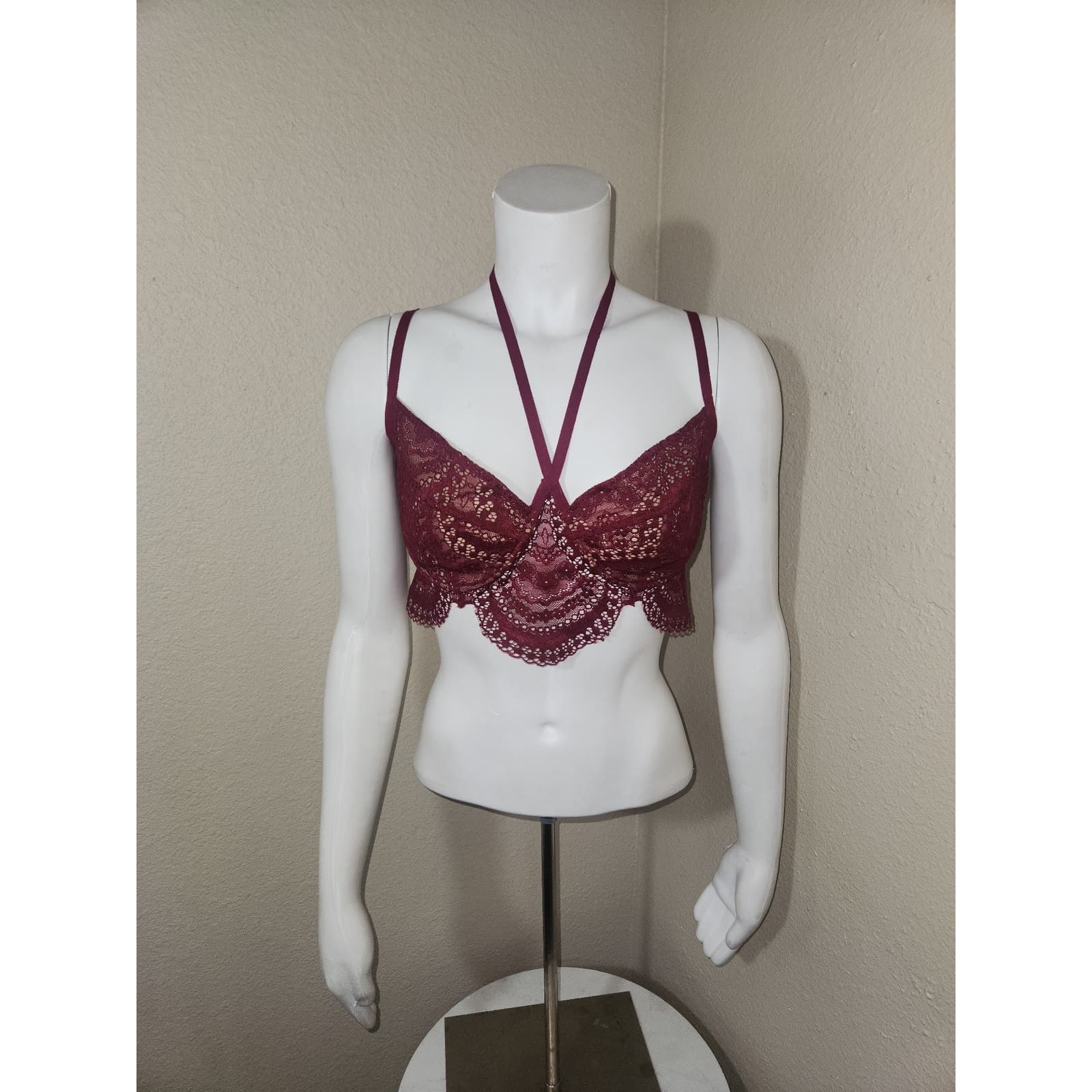 For Love and Lemons Skivvies Lucia Scalloped Wine Colored Lace Halter Bra, M - Thumbnail 5