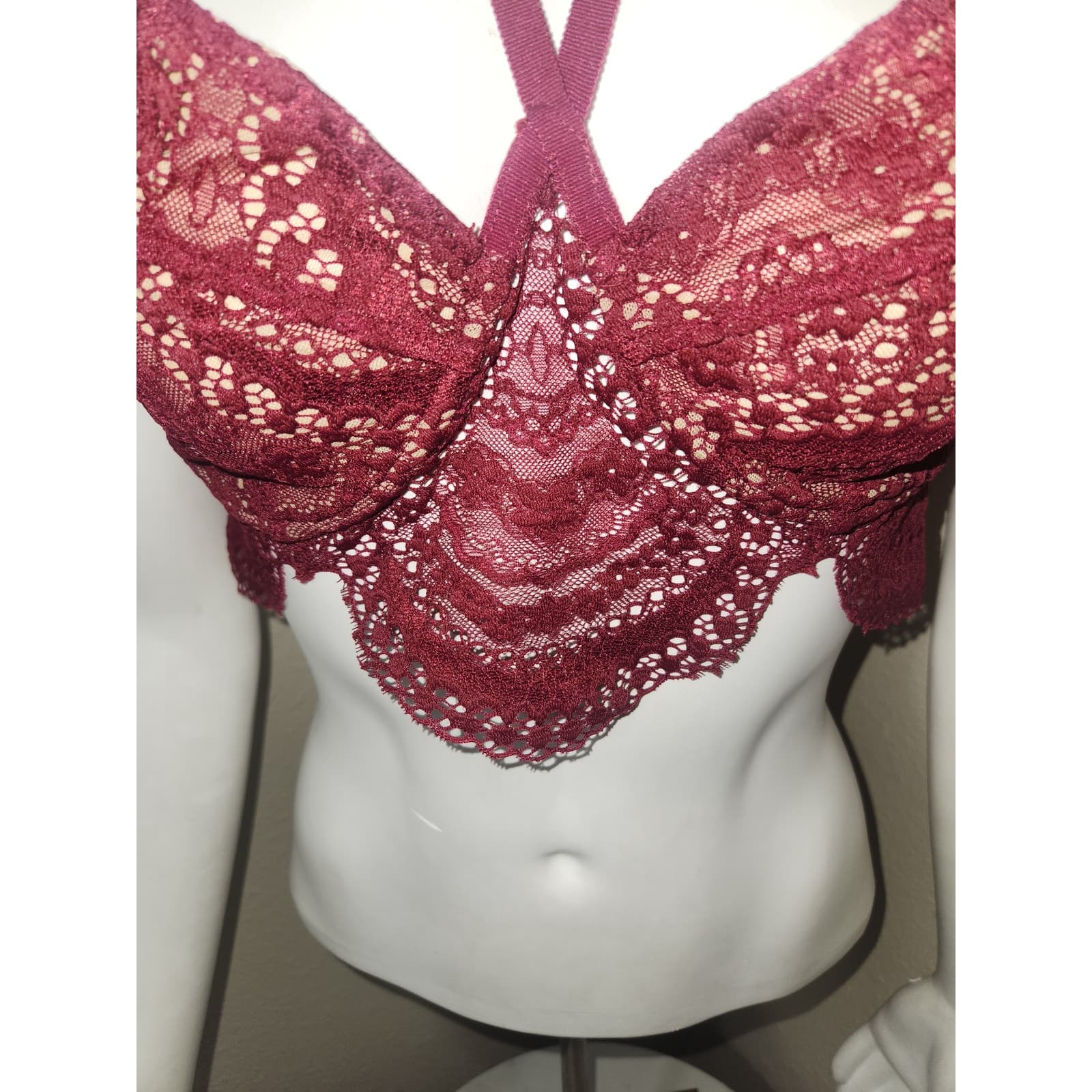 For Love and Lemons Skivvies Lucia Scalloped Wine Colored Lace Halter Bra, M - Thumbnail 7