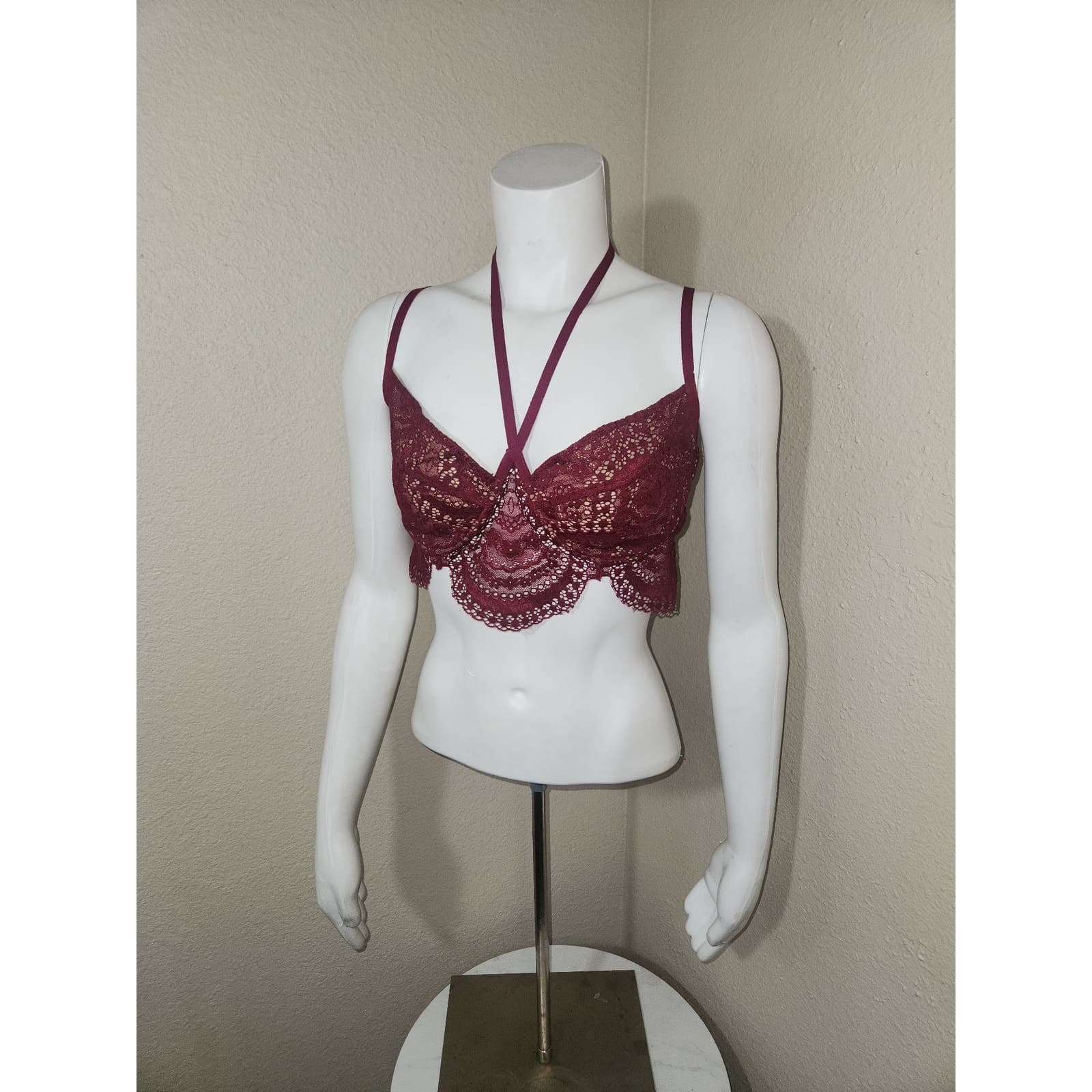 For Love and Lemons Skivvies Lucia Scalloped Wine Colored Lace Halter Bra, M - Thumbnail 6